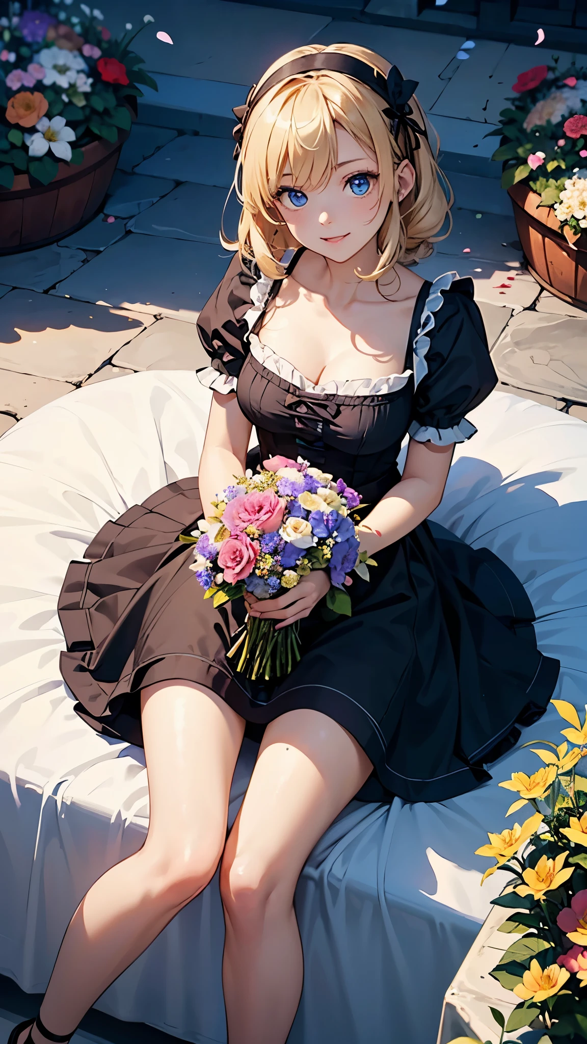 (masterpiece, highest quality, highest quality,official art),(1 girl:1.3),(attractive girl),((masterpiece, highest quality))、8K、one woman、((28 years old))、((blonde))、((shortcut))、attractive woman、blue eyes、Big eyes、sparkling eyes、Beautifully drawn eyes、bright smile、small bust、blue gothic maid、white headband、Knee to head、(tilt one's head)、(((flower bed full of blooming flowers)))、Gorgeous illustrations、aerial perspective、pure、transparent、Light、Light、Light、Light、