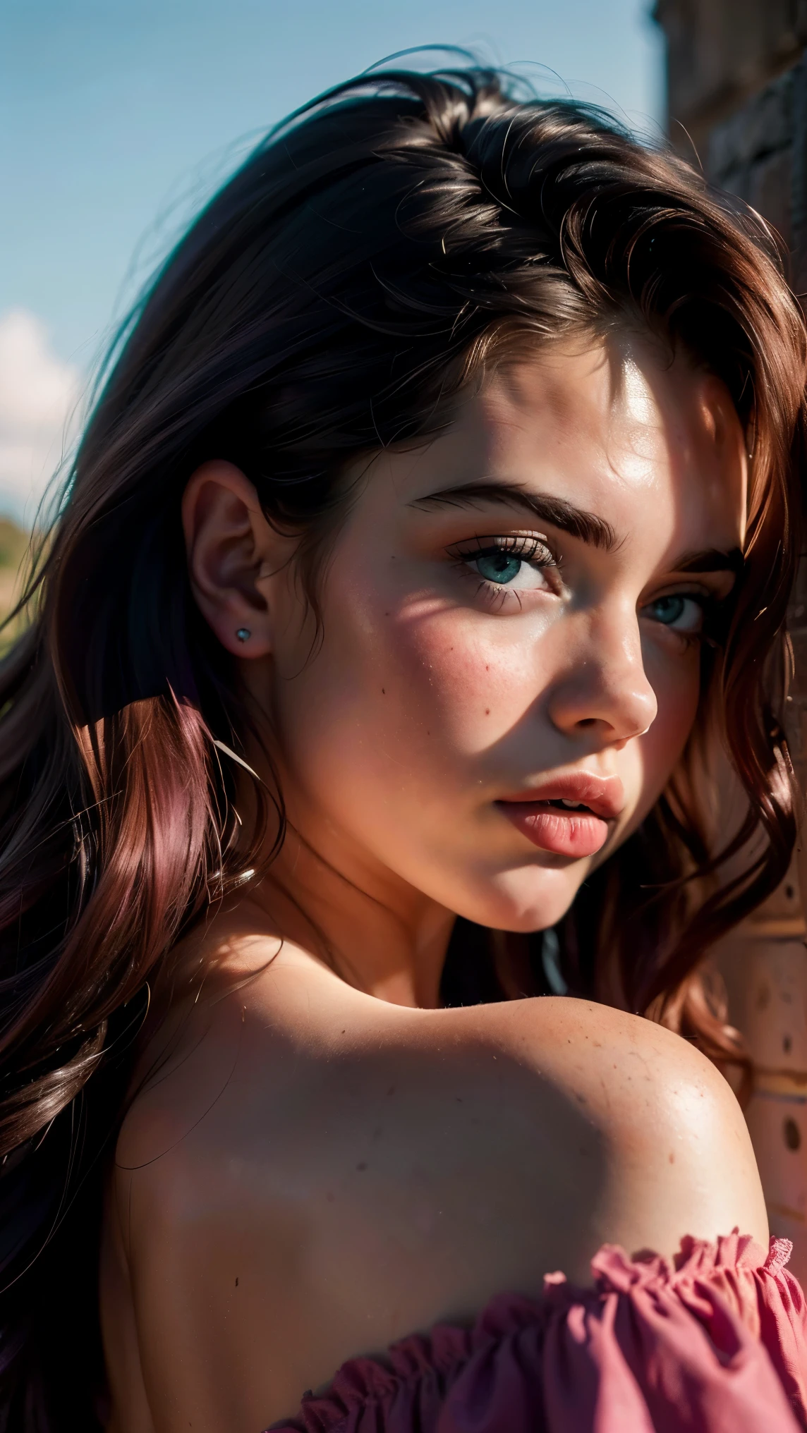 (((ultra realista))) foto, obra maestra, calidad superior, (pale skin), (Cara y ojos ultra detallados.:1.3), 1 chica, adulto, con un vestido con un recorte, ((Maquillaje de ojo, pink mascara)), ((labios grandes y detallados)), ((rosa wavy hair)), ((peinado con estilo)) , (Pechos naturales), cintura delgada. ((posando, mano en la cara)), Photoshoot, (Suave)Encendiendo, (El juego de luces y sombras), profundidad de campo, bokeh, (Special attention to leather details.: 1.2), textura de cuero detallada, poros de la piel. (Ambiente fresco del marco.. color combination - black, purple, rosa, Toneladas), DR, ((film grain)), ((rayos)), (Glare), ((retrato de cintura para arriba)) , ultra detialed,