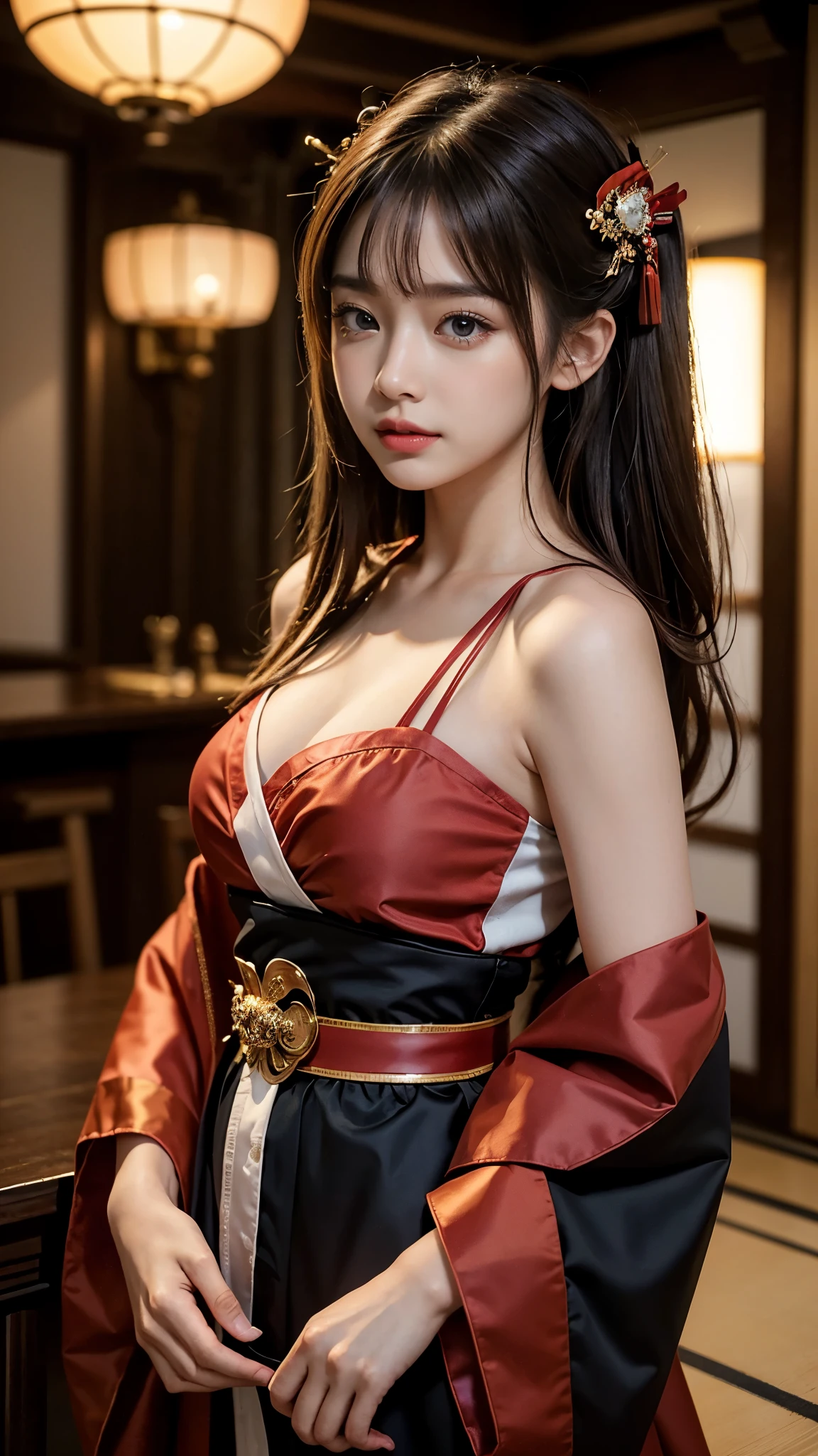 Unbeatable masterpiece, Ultra photo realsisim, Perfect artwork, Intricate details, Best quality, strong lights,High contrast, masutepiece , Best quality , offcial art ,the Extremely Detailed CG Unity 8K Wallpapers ,1girll , Solo , Realistic , Makeup , A high resolution , full body Esbian , view the viewer , Smile, bangs , Bare shoulders , Brown hair ,crossed bangs , hair between eye , Japanese style costume , komono , Long ,Mask , masks on head , cropped shoulders , cparted lips , Red eyes , red kimono , Red ribbon ,bow ribbon , sash , skyporn , Solo , striped ribbon ,taihou \(Rainel Blue) , double tails , Very hairy , Wide sleeves , (Shiny skin) ,