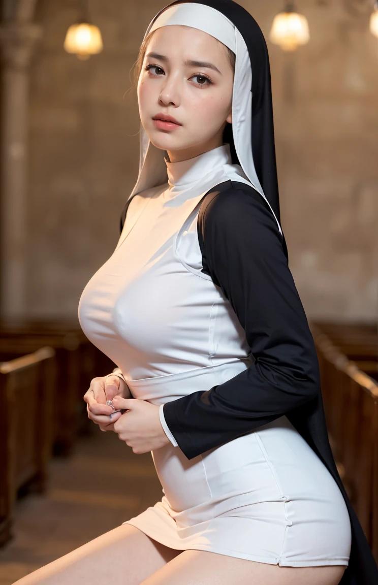 (((neat woman,(Pained expression,blush,blush,red cheek),please touch me,tempting viewer,i want you))),(arched back,kneeling,her hands on your head),((((blush,red cheek,sweat)))),(cinematic lighting), (Photo real:1.4)、(A hyper-realistic:1.4)、(Photorealistic:1.3)、 (gentle lighting: 1.05)、(Improve the lighting quality of your video:0.9)、 32k、25years old woman、photorealistic lighting、Back lighting、Facial Lights、Ray Trace、(bright:1.2)、(Increase quality:1.4)、 (best quality real texture skin)、Fair eyes,delicate face、 Close-up of the face,  (Wearing the white uniform of the nun:1.4),long slit skirt,high-heel),(Bodyline mood improvement:1.1)、Glossy skin、korean idol、Nogizaka Idol、good figure,perfect anatomy,Beautiful actress,(((beautiful large breasts,underboob,slender waist,slender hip,long slender legs,8heads tall))),(((8heads tall))),(((wavy long hair,curtain bangs))),(((in the dark church,in the night,nobody  knows))),