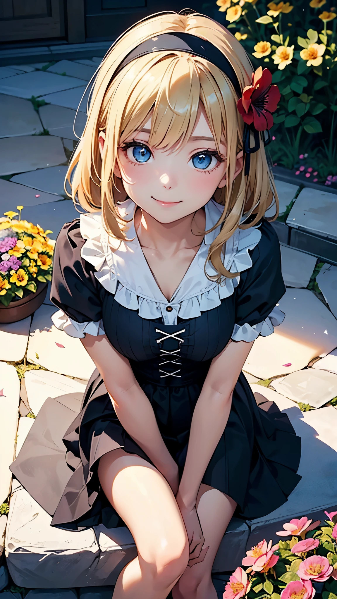 (masterpiece, highest quality, highest quality,official art),(1 girl:1.3),(attractive girl),((masterpiece, highest quality))、8K、one woman、((27 years old))、((blonde))、((shortcut))、attractive woman、blue eyes、Big eyes、sparkling eyes、Beautifully drawn eyes、bright smile、small bust、blue gothic maid、white headband、Knee to head、(tilt one's head)、(((flower bed full of blooming flowers)))、Gorgeous illustrations、aerial perspective、pure、transparent、Light、Light、Light、Light、