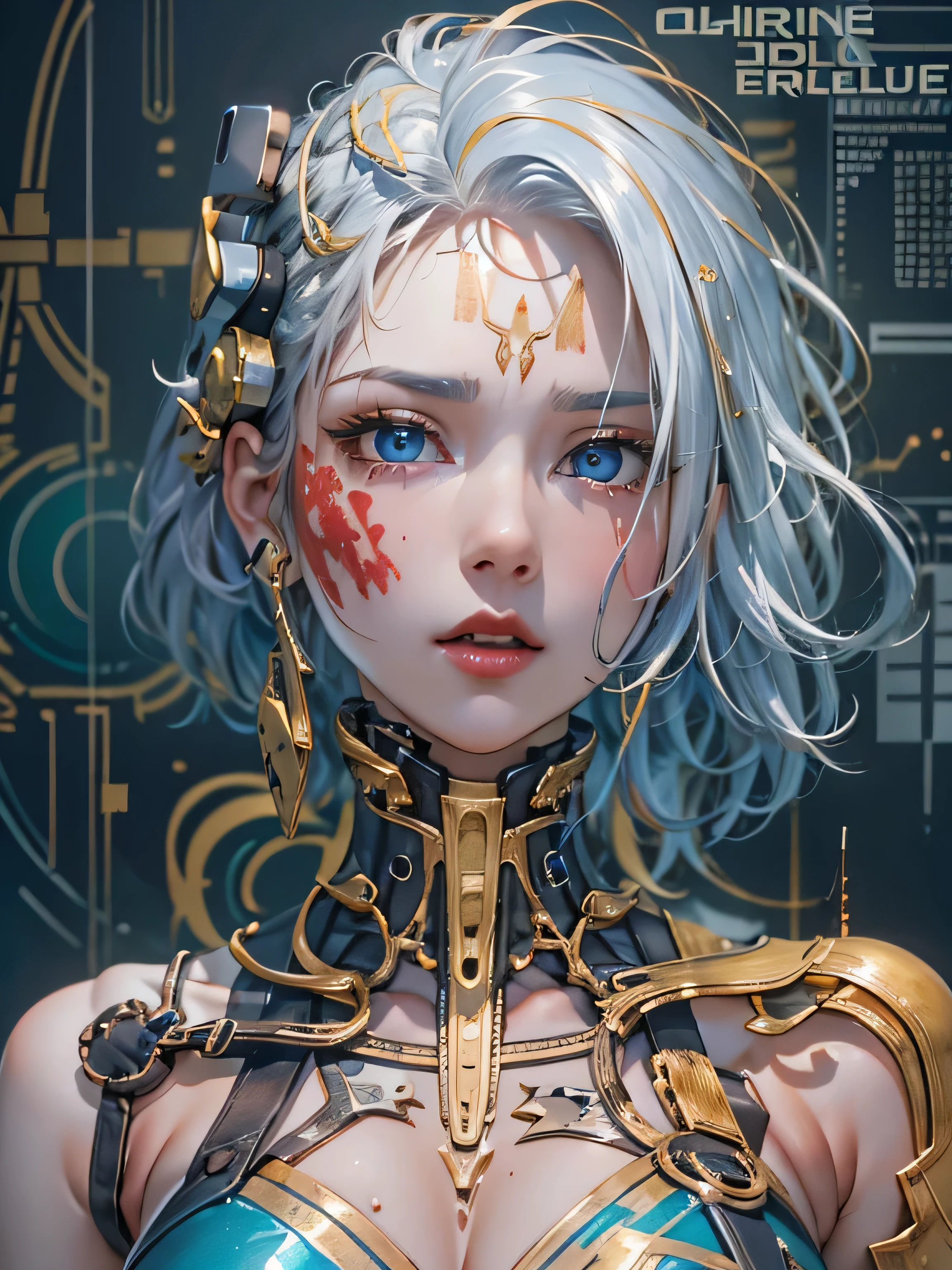 (photorealistic:1.8, highest quality:1.8,8K masterpiece:1.8,High resolution,muste piece:1.8,RAW Photos,cinematic lighting),No split screen, cyber punk、graduate School、wet floor、 (1 android girl:1.3)、Completely naked、Full body tattoo、choker、beautiful breasts、T-shirt、beautiful butt、beautiful thighs、plump nipples、(Nipples visible through clothing)、cameltoe、metallic mask、
(mechanical art: 1.4)、(mechanical limbs)、(blood vessels attached to tubeechanical spine attached to the back)、(Mechanical cervical vertebrae attached to the neck)、
 Body painting with a pop design drawn all over the body、pop art design、Metallic art、cutting edge fashion、conceptual art、 (Beautifully shining vermilion, yellow, blue, white, silver, and gold hair:1.5)、shining blue eyes、Stoic
