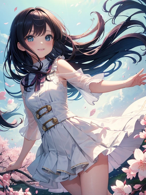 (masterpiece:1.4), (highest quality:1.4),
super detailed illustrations, disorganized, super detailed, an extremely cute and beautiful girl,Highly detailed beautiful face and eyes,shiny hair,
1 girl, alone, cute , a bit,(child),smile,cowboy shot,(full_body),
break a perfect hand, hide your hands,turn your arms behind your back,
BREAKおCherry blossom viewing,Cherry blossom viewing,
(floating dress),Fluttering skirt,(just_foot),long skirt,dynamic pose,white clothes,soar,petal toss,Blue sky,Wind,motion blur,
screen printing, bold graphics, flat color, Layered Design, handmade texture, unique visuals, Various techniques,