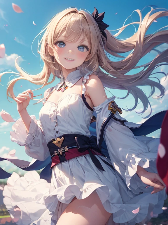 (masterpiece:1.4), (highest quality:1.4),
super detailed illustrations, disorganized, super detailed, an extremely cute and beautiful girl,Highly detailed beautiful face and eyes,shiny hair,
1 girl, alone, cute , a bit,(child),smile,cowboy shot,(full_body),
break a perfect hand, hide your hands,turn your arms behind your back,
BREAKおCherry blossom viewing,Cherry blossom viewing,
(floating dress),Fluttering skirt,(just_foot),long skirt,dynamic pose,white clothes,soar,petal toss,Blue sky,Wind,motion blur,
screen printing, bold graphics, flat color, Layered Design, handmade texture, unique visuals, Various techniques,
