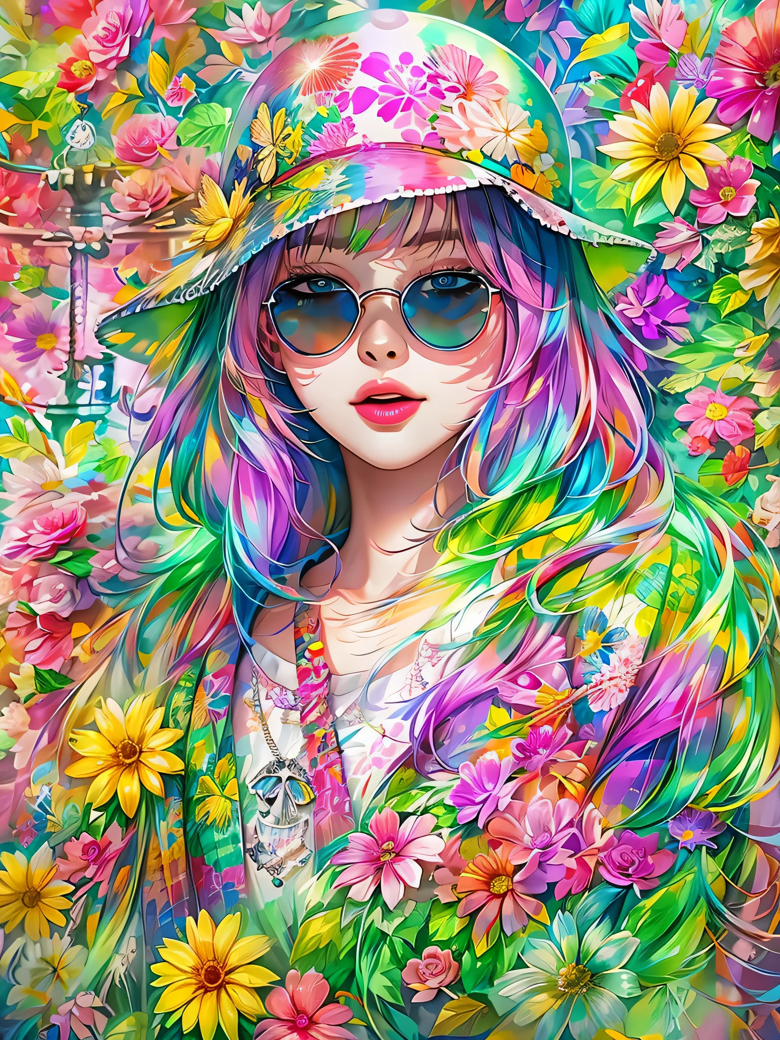 8K quality, watercolor painting, stylish design, (((The strongest beautiful girl of all time))), (((Japanese)))、Idol、clear, Stylish sunglasses, Fashionable hats, (((highest quality))), bob hair, HDR, ((Detailed details)), SKULL fashion, detailed clothing texture, (((graffiti art))), colorful hair, ((masterpiece))、((Super detailed))、(((colorful flowers)))