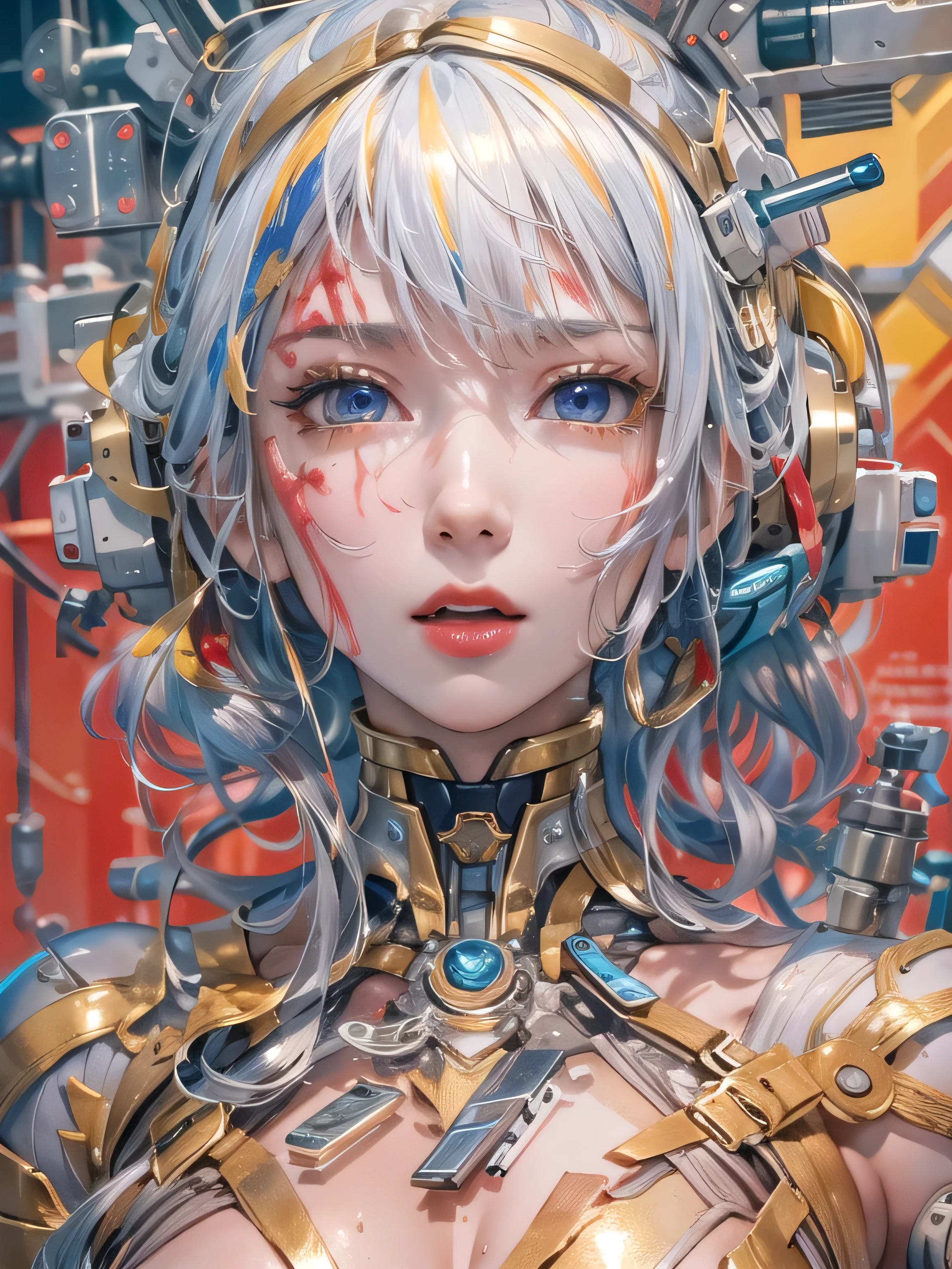 (photorealistic:1.8, highest quality:1.8,8K masterpiece:1.8,High resolution,muste piece:1.8,RAW Photos,cinematic lighting),No split screen, cyber punk、graduate School、wet floor、 (1 android girl:1.3)、Completely naked、Full body tattoo、choker、beautiful breasts、T-shirt、beautiful butt、beautiful thighs、plump nipples、(Nipples visible through clothing)、cameltoe、metallic mask、A tube in the vagina、Electrodes are inserted into the nippleechanical art: 1.4)、(mechanical limbs)、(blood vessels attached to tubeechanical spine attached to the back)、(Mechanical cervical vertebrae attached to the neck)、
 Body painting with a pop design drawn all over the body、pop art design、Metallic art、cutting edge fashion、conceptual art、 (Beautifully shining vermilion, yellow, blue, white, silver, and gold hair:1.5)、shining blue eyes、Stoic