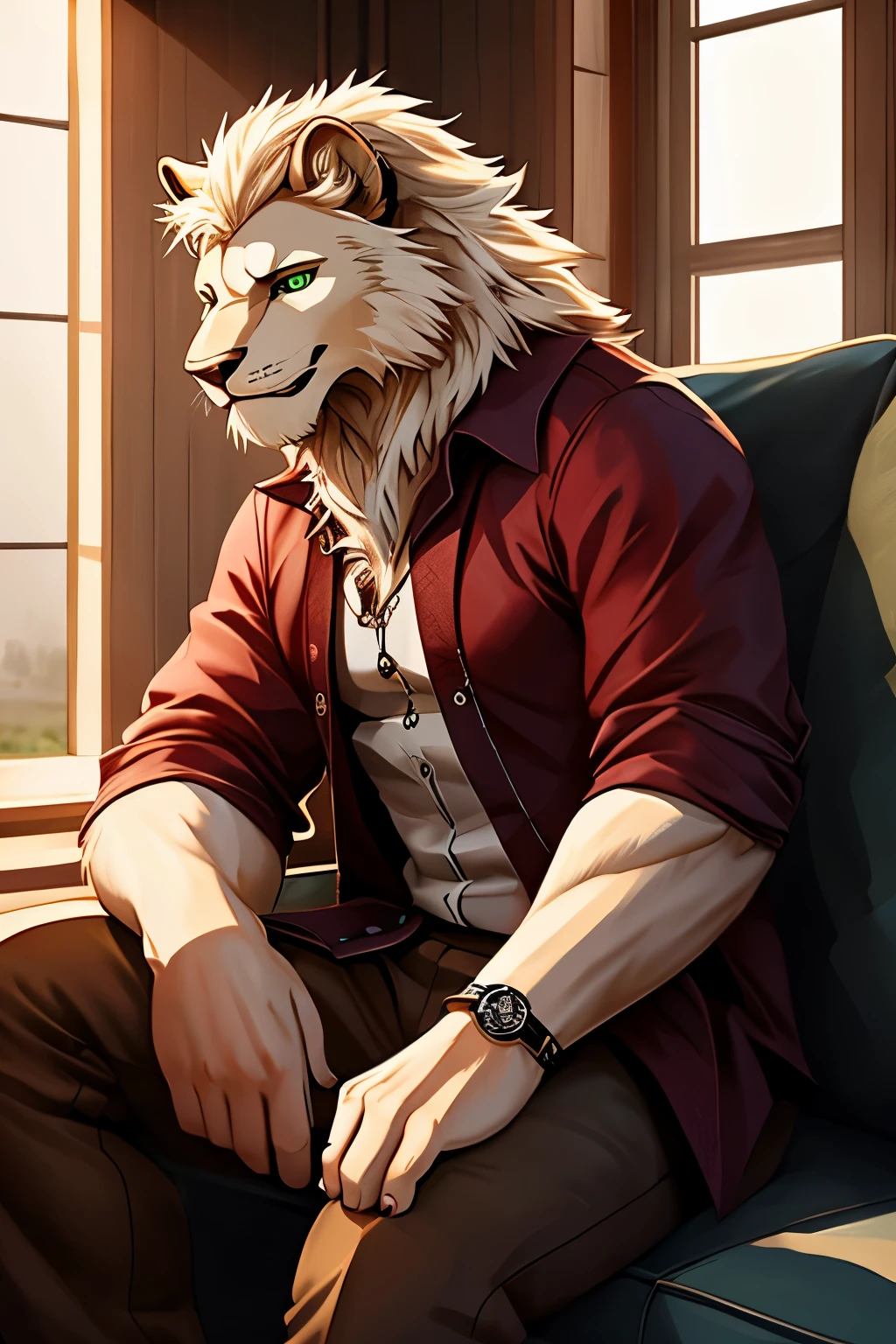 4k, ,8K, A high resolution, best quality, perfect colors, perfect shadows, perfect lighting, male, furry, anthro, solo, (Realistic eye details 1.2), Oriental White Lion（species），Casual attire，Deep green eyes，toned figure，Overcast personality，Holding a pocket watch，sitting in the couch，Holding a ring