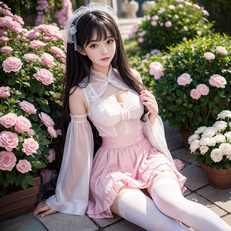 best quality, masterpiece, lifelike, 1 girl, alone, eternal, black hair, Long curly hair, blunt bangs, Smile, pink skirt, pink lolita dress, layered skirt, Lolita style long skirt,分層連衣裙 lace-trimmed 裙子, decorate, lace, long sleeve, puff sleeves, wide sleeves, Transparent sleeves, hair accessories, 在flower园里, flower, Detailed background,  delicate face，pink blush，White knee-length socks, Pink shoes，cold，Lots of lace，((​masterpiece))、(top quality)、8K、high detail、super detailed、 21 years old female，穿着pink lolita dress((dreamy atmosphere:1.1))、Seductive and whimsical style、​masterpiece、born、Scenes resembling fairy tale illustrations、Intricate details showcase the ruffles and intricate designs of the Lolita dress、beautifully、magic、capricious、 beautifully、Dream aesthetics、「𝓡𝓸𝓶𝓪𝓷𝓽𝓲𝓬、ethereal、charming、fickle、magic」、realism、Visual effects、FXAA、SSAO、shader、voiceless、environmental lighting、Tone mapping、High resolution、ultra high definition、megapixel、(8K resolution:1.10)、8K、Below 8K、8K resolution、high detail、intricate details、A look of surprise and awe on her face、 (high quality:1.2、​masterpiece:1.2、:1.21)、(21 years old female:1.21)、(興奮地Smile)、(Surrounded by the dreamy atmosphere of an amusement par色洛丽塔连衣裙、Her eyes were full of surprise and joy、I took a lot of geek photos、、High heel、Model diagram，full-body shot，Knee-high 白色的 lace socks,Sweet Lolita，Normal 2 feet，Pink shoes，Baotou shoes，full-body shot，baby star dress，have，Don't show your fingers，cold，Emphasize the volume of the skirt，exposed，huge ，white underwear,The skirt flew up，Spread your legs