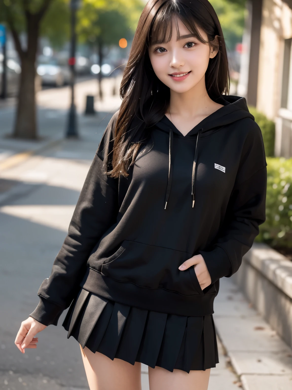 (highest quality,masterpiece:1.3,ultra high resolution),(Super detailed,caustics),(realistic:1.4,RAW shooting),1 girl,flat bangs、look at the camera with a smile、Blurred background、(black,pleated skirt)、hoodie