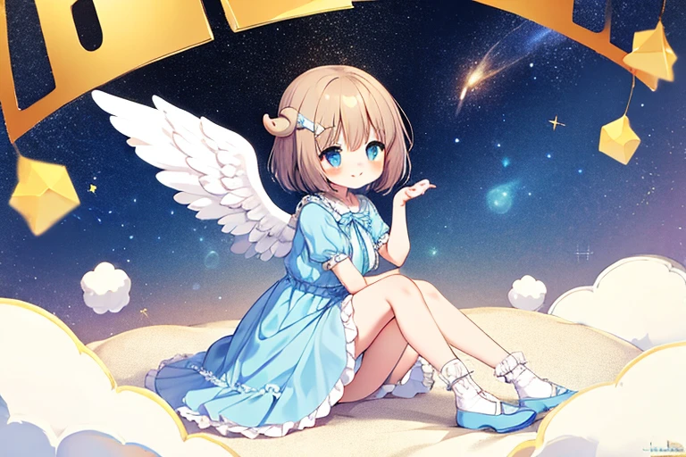 ((masterpiece, best details, alone)), 1 girl, Angel, (short hair, dark brown hair), dull bangs, blue eyes, (pastel blue ruffle dress、Fluffy short sleeves), (Angel wings), Cloud Hair Ornament, (sheep girl), (Stuffed sheep), golden gate, yellow bow tie, peter pan collar, full body, white ankle socks, (closed mouth, smile), performer, starry sky background, ((Milky Way))