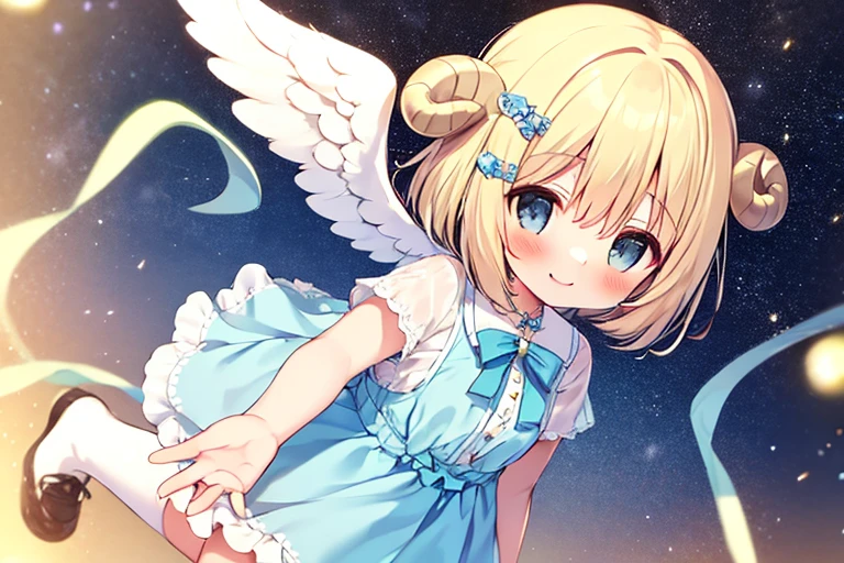 ((masterpiece, best details, alone)), 1 girl, Angel, (short hair, dark brown hair), dull bangs, blue eyes, (pastel blue ruffle dress、Fluffy short sleeves), (Angel wings), Cloud Hair Ornament, (sheep girl), (Stuffed sheep), golden gate, yellow bow tie, peter pan collar, full body, white ankle socks, (closed mouth, smile), performer, starry sky background, ((Milky Way))