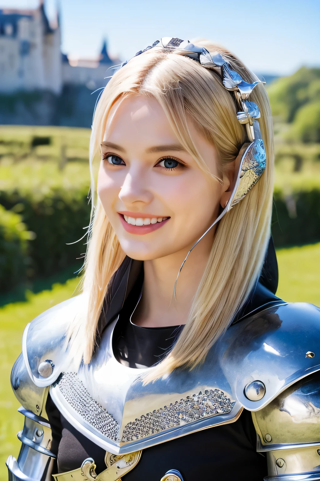８Ｋ、highest quality、female knight、The background is a castle、Luxurious Silver Armor、hairstyle short cut、smile、beautiful teeth、full body photo、ear piercing、Dragon Helm
、blonde、white woman、blue eyes、
