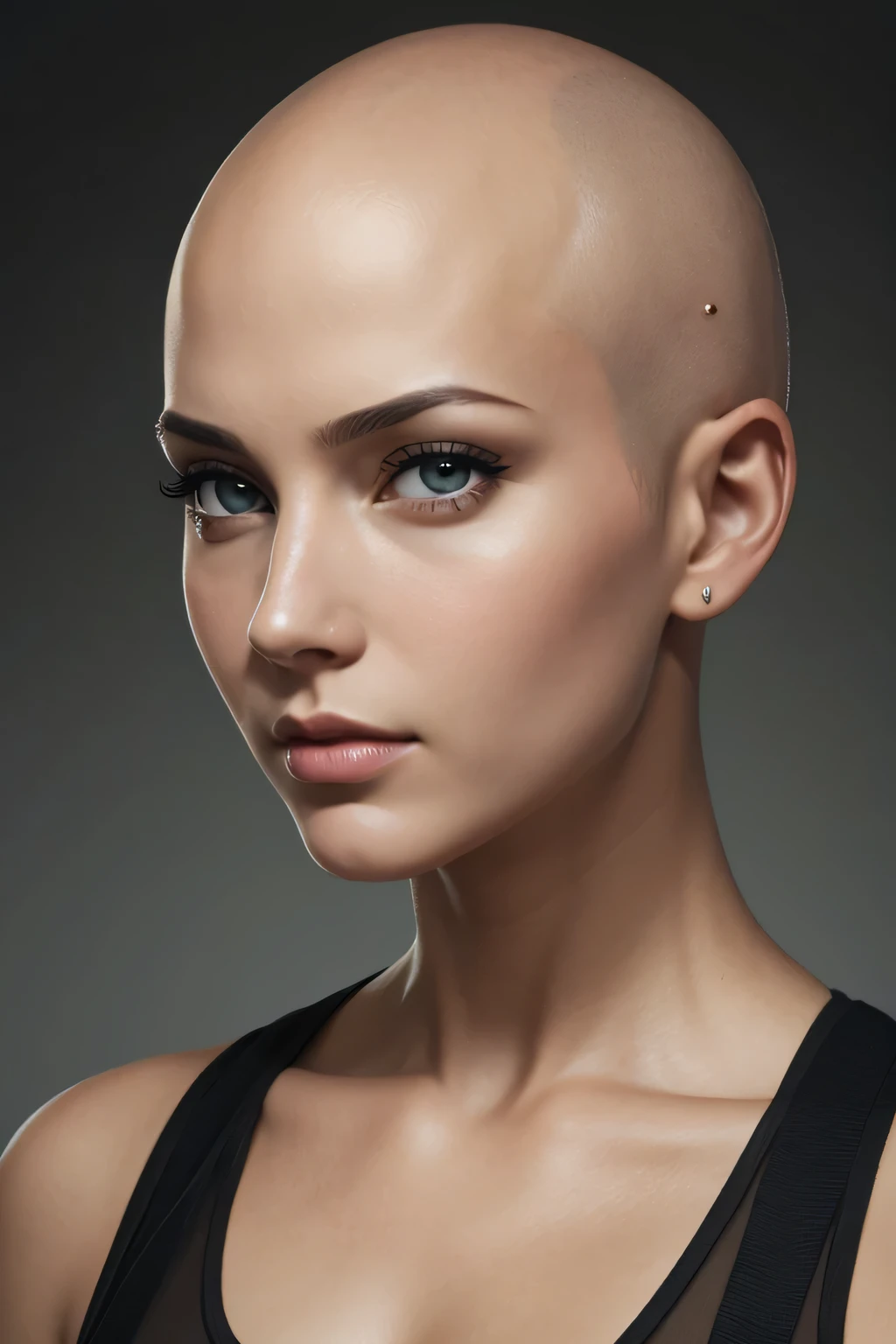 hyper realism, high quality, woman, bald, front view, face