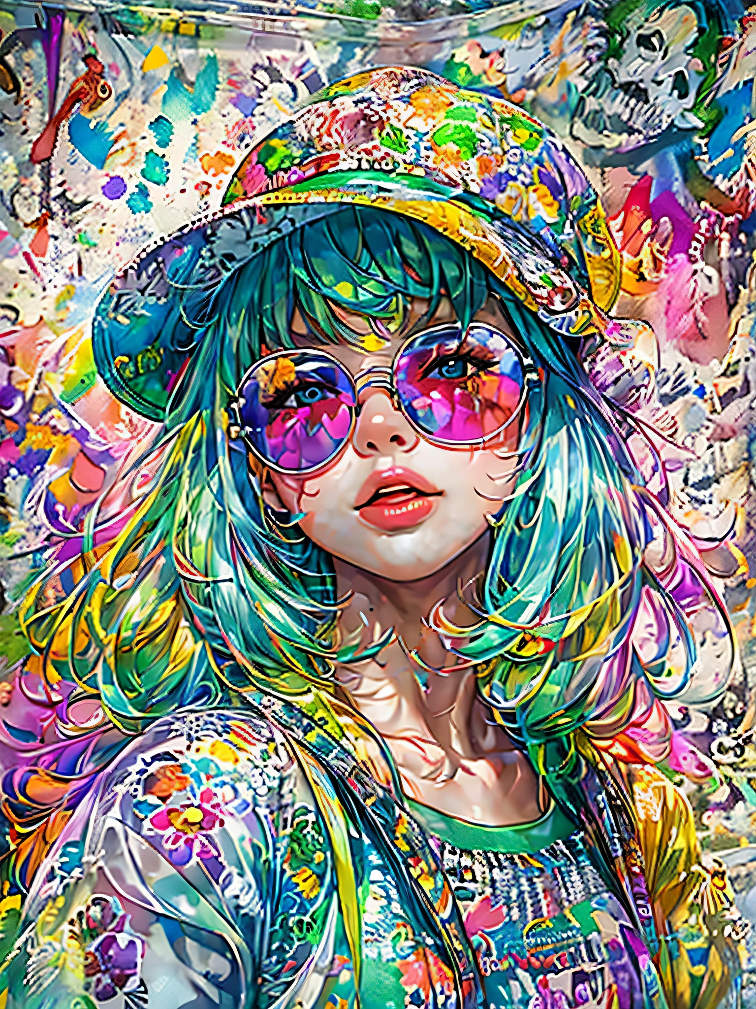 8K quality, watercolor painting, stylish design, (((The strongest beautiful girl of all time))), (((Japanese)))、Idol、clear, Stylish sunglasses, Fashionable hats, (((highest quality))), bob hair, HDR, ((Detailed details)), SKULL fashion, detailed clothing texture, (((graffiti art))), colorful hair, ((masterpiece))、((Super detailed))、