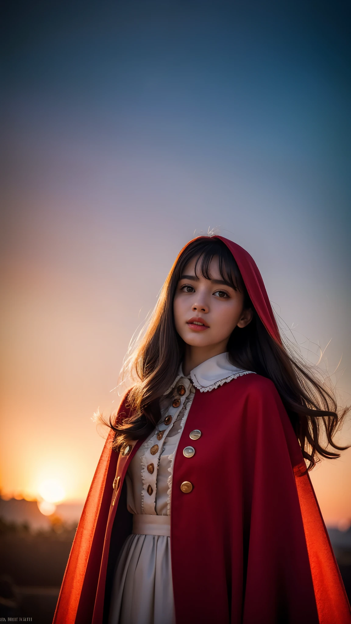 RAW photo, full sharp, (Full HD epic wallpaper) 8K UHD, Digital SLR, Soft lighting, High quality, filmgrain, Fujifilm XT3, hiqcgbody, (1 person, Kizi:1.2),the night,Focus above the thighs, Broken glass effect, Vivid yellow flame, Ethereal sparks, vulnerable, Red eyes, Long gray hair,Wind,Fluttering head, buzz cut, Style - Gravity magic, Looking down, Solo, , Detailed background, Detailed face, Pale complexion,(( Lolita costume)), redcloak, Cape, Hood, malicious expression, The scarlet symbol rotates in the air,(Floating fire particles, particle fx), Skylight color scheme, ( Huge red explosion flames), the are In the background, Surrounded by a crimson mist, Sunset, symetrical composition, Epic atmosphere,