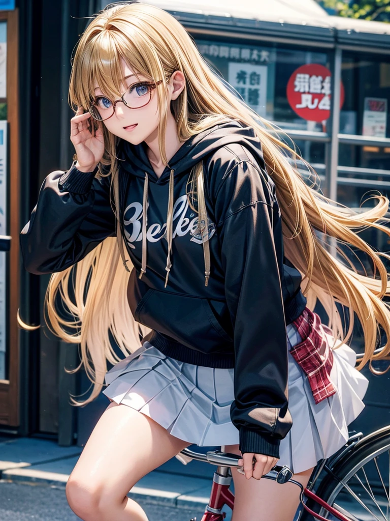 20 year old female、shiny hair quality、beautiful blonde、straight hair、long hair、Shaggy Hair、Glasses、Glasses美人、bikeに乗る女性、bike、adult woman、hoodie、skirt、perfect skeleton
