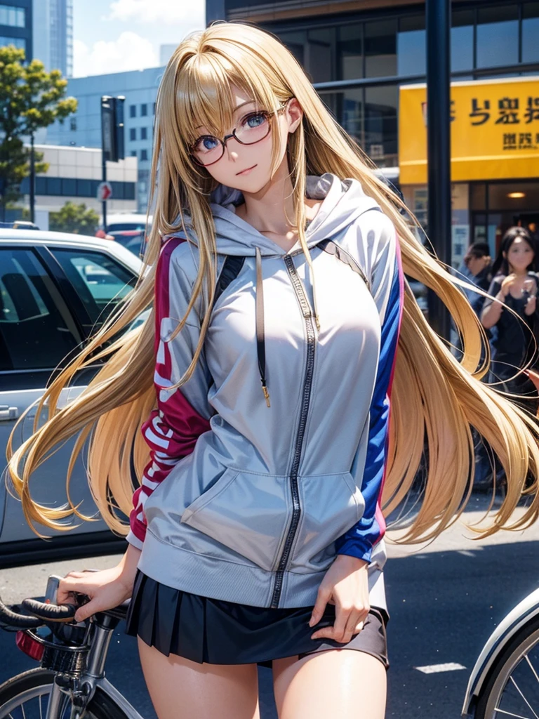 20 year old female、shiny hair quality、beautiful blonde、straight hair、long hair、Shaggy Hair、Glasses、Glasses美人、bikeに乗る女性、bike、adult woman、hoodie、skirt、perfect skeleton