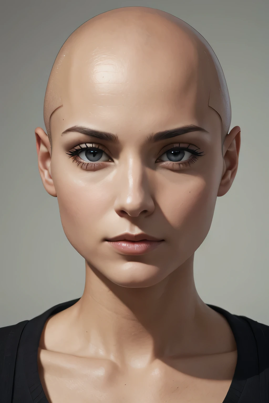 hyper realism, high quality, woman, bald, front view, face