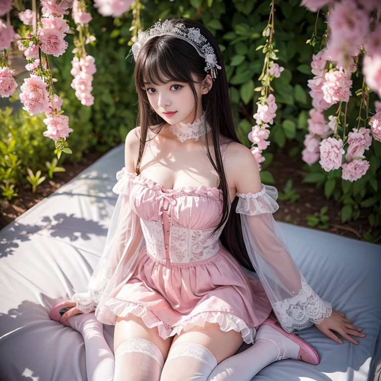 best quality, masterpiece, lifelike, 1 girl, alone, eternal, black hair, Long curly hair, blunt bangs, Smile, pink skirt, pink lolita dress, layered skirt, Lolita style long skirt,分層連衣裙 lace-trimmed 裙子, decorate, lace, long sleeve, puff sleeves, wide sleeves, Transparent sleeves, hair accessories, 在flower园里, flower, Detailed background,  delicate face，pink blush，White knee-length socks, Pink shoes，cold，Lots of lace，((​masterpiece))、(top quality)、8K、high detail、super detailed、 21 years old female，穿着pink lolita dress((dreamy atmosphere:1.1))、Seductive and whimsical style、​masterpiece、born、Scenes resembling fairy tale illustrations、Intricate details showcase the ruffles and intricate designs of the Lolita dress、beautifully、magic、capricious、 beautifully、Dream aesthetics、「𝓡𝓸𝓶𝓪𝓷𝓽𝓲𝓬、ethereal、charming、fickle、magic」、realism、Visual effects、FXAA、SSAO、shader、voiceless、environmental lighting、Tone mapping、High resolution、ultra high definition、megapixel、(8K resolution:1.10)、8K、Below 8K、8K resolution、high detail、intricate details、A look of surprise and awe on her face、 (high quality:1.2、​masterpiece:1.2、:1.21)、(21 years old female:1.21)、(興奮地Smile)、(Surrounded by the dreamy atmosphere of an amusement par色洛丽塔连衣裙、Her eyes were full of surprise and joy、I took a lot of geek photos、、High heel、Model diagram，full-body shot，Knee-high 白色的 lace socks,Sweet Lolita，Normal 2 feet，Pink shoes，Baotou shoes，full-body shot，baby star dress，have，Don't show your fingers，cold，Emphasize the volume of the skirt，exposed，huge ，white underwear,The skirt flew up，Spread your legs，low cut,Expose panties