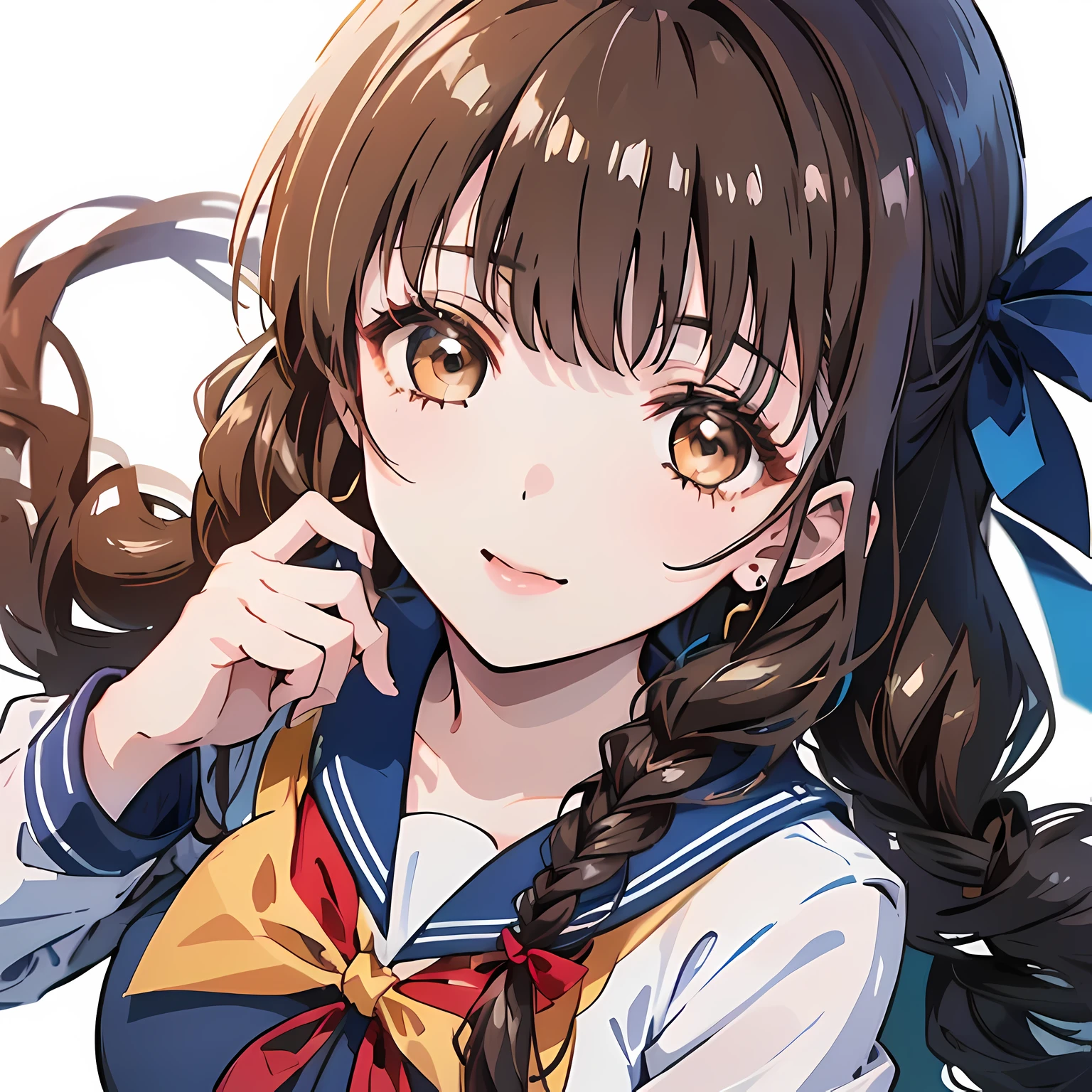 highest quality, (masterpiece:1.2), High resolution, perfect pixel, One long and so beautiful straight haired , 16 years old, (((big very detailed beautiful dark brown eyes))), ((black sailor uniform)), ((Black sailor uniform top and bottom)), ((very lovely & large & wide ribbon barrette)), ((((very beautiful long straight straight hair)))), ((Blue ribbon on the chest)), (((face up))), ((He is seen singing the song a cappella while laughing at the audience.)), Very fun, Very happy, mouth is open, the long skirt is so cute, detailed fingers, modest chest, ((curled bangs)), ((Lip balm)), so beautiful, long eyelashes, ((セーラー服 is photo realistic)), (((Touching your hair with your hands))), ((Showing viewers the beauty of straight hair)), ((very big girly hair ribbons)), ((Impressive and very beautiful eyes)), (((shot from above))), double eyelids, puffed sleeves