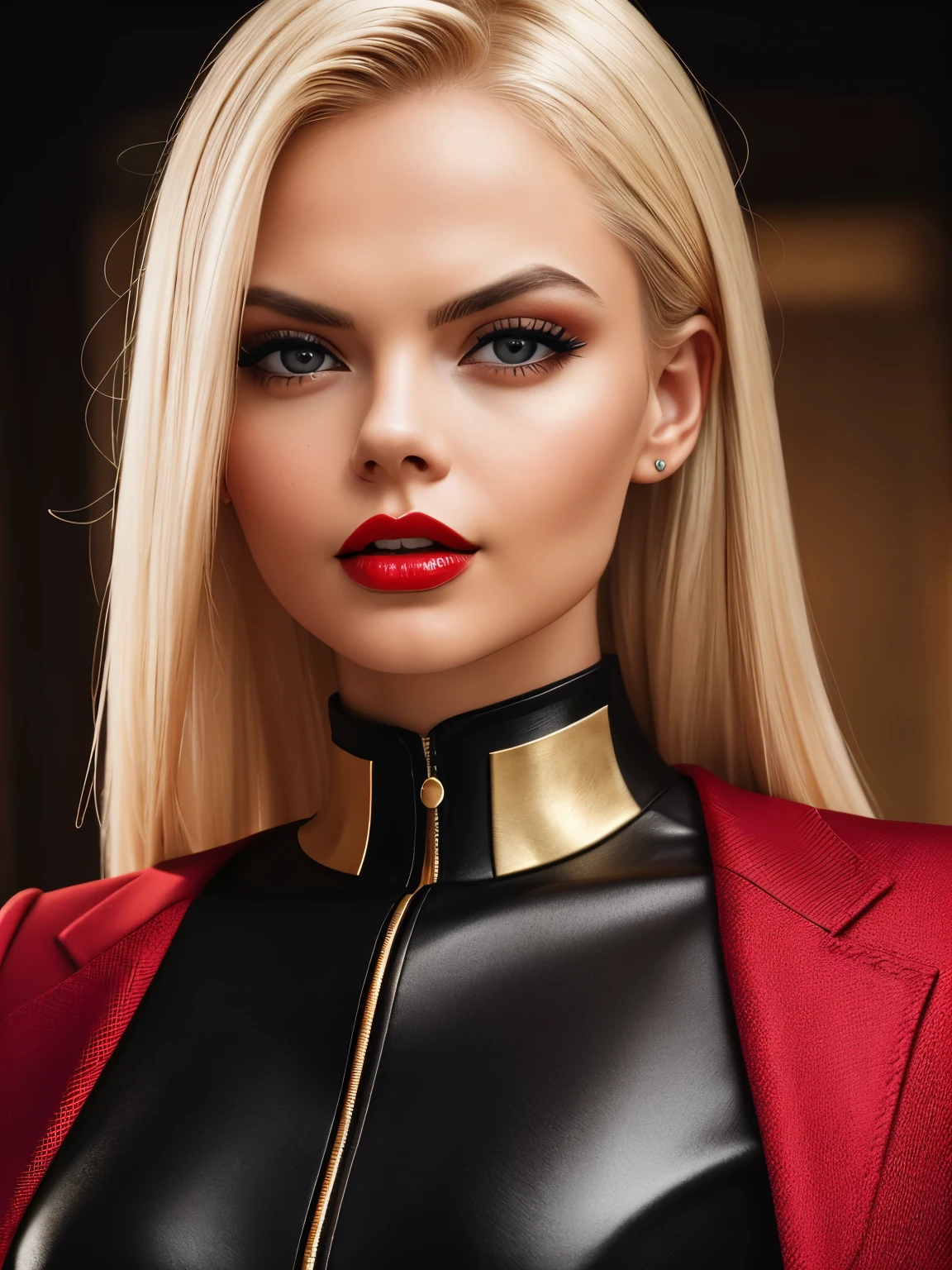 portrait of woman (JesseJane_v1:1.0), blonde hair, ((high quality、high resolution、​masterpiece、sharp focus、photographrealistic、Raw photography、lighting like a movie、Extreme camera angles、radiant lighting、Dark background、red lips,  Black Suit、Black & gold palette、Dark makeup