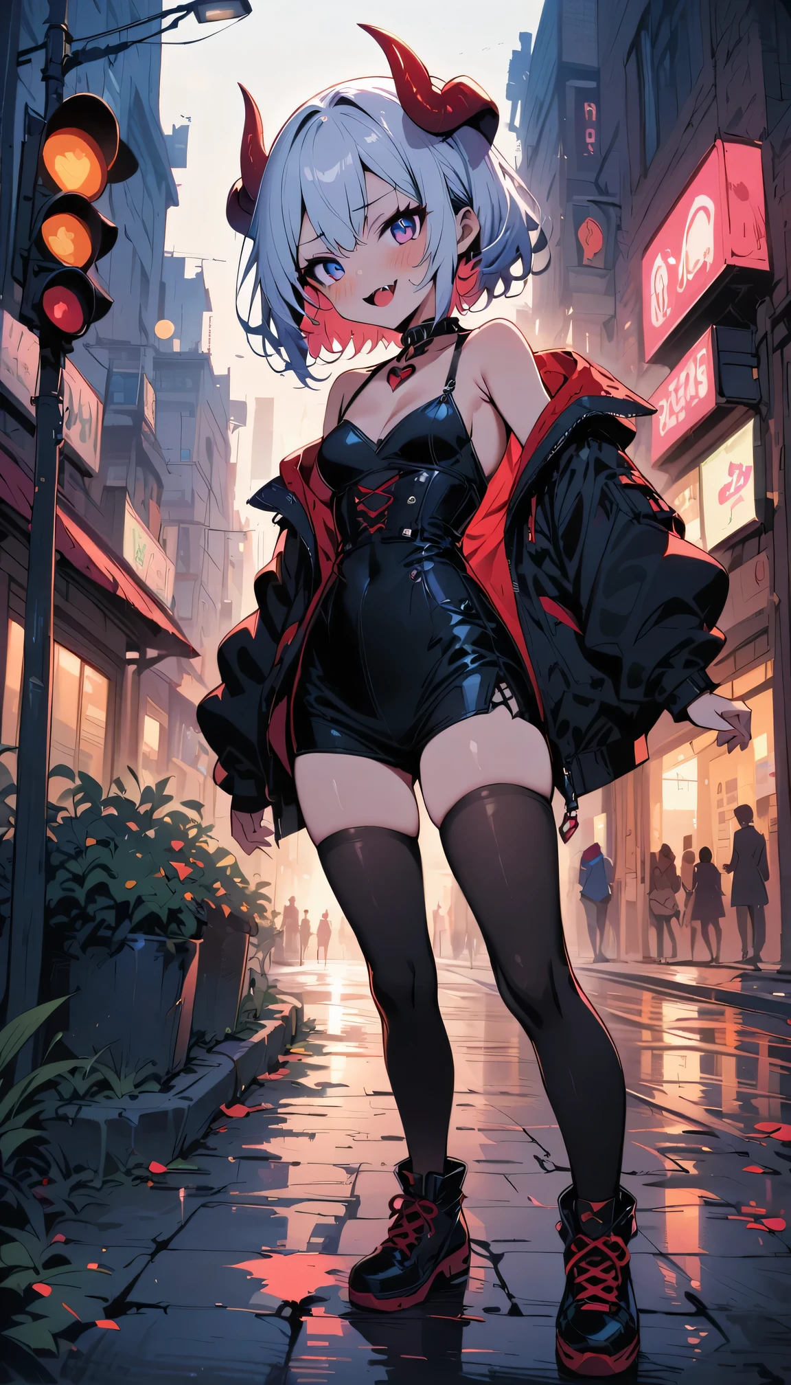 masterpiece, best quality, 1 girl,small,small breasts,short hair,white hair,sharp teeth,fangs,collar,blue eyes,heart shaped pupils,devil horns,blush,(outdoor,pavement,traffic light,road sign),looking at the audience