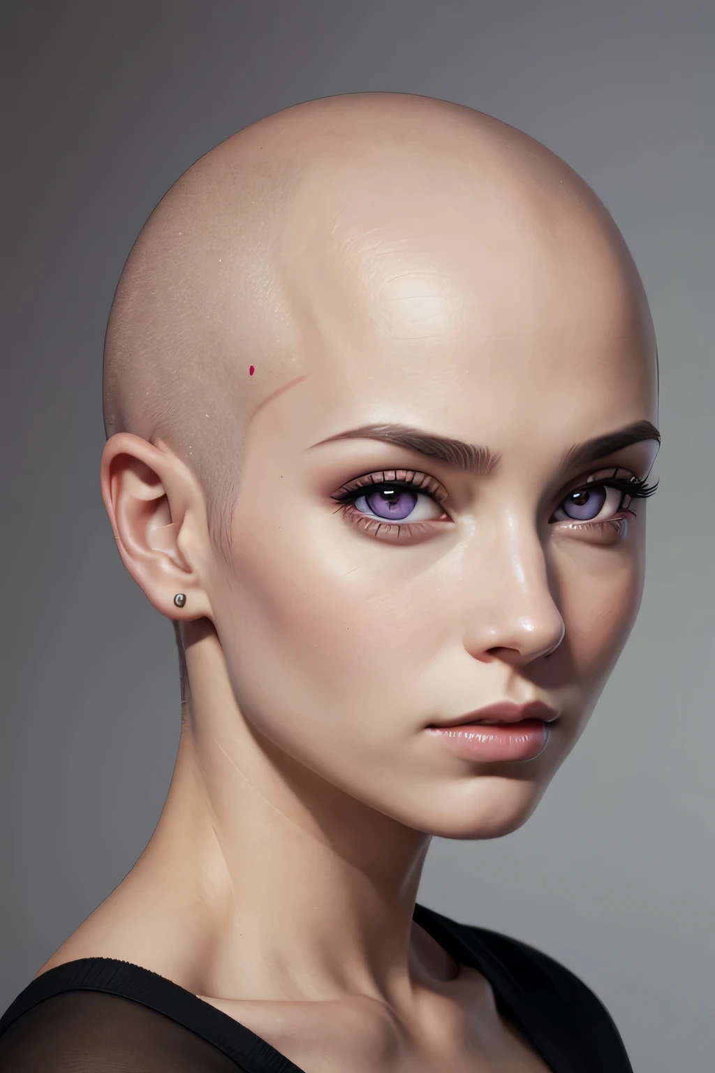 hyper realism, high quality, woman, bald, front view, face, portrait, pink eyes