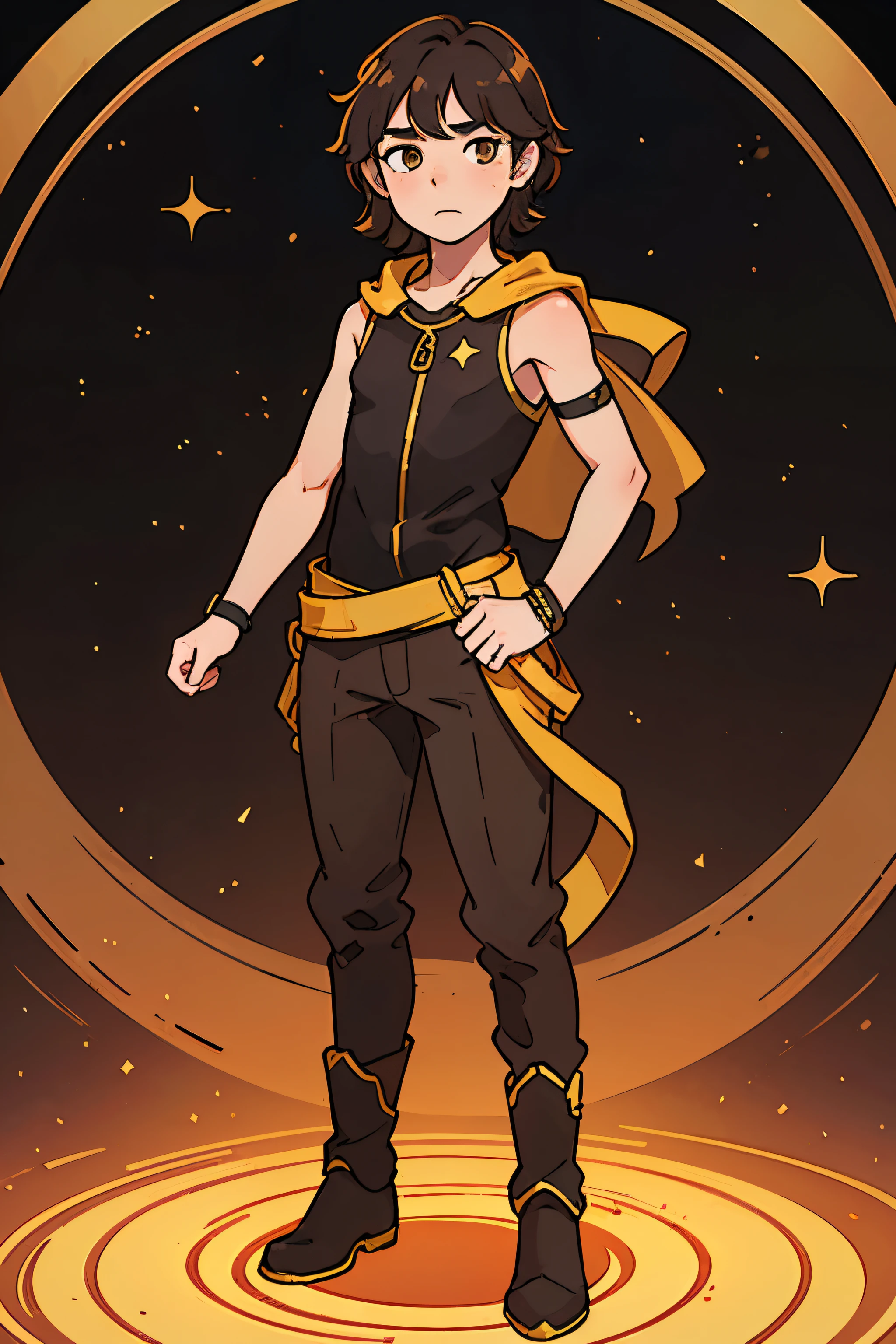 14 year old boy. messy dark brown medium length hair. golden eyes. wearing golden clothes. wearing boots. whole body can be seen. arms at the side standing straight. facing forward. cosmic stone background.