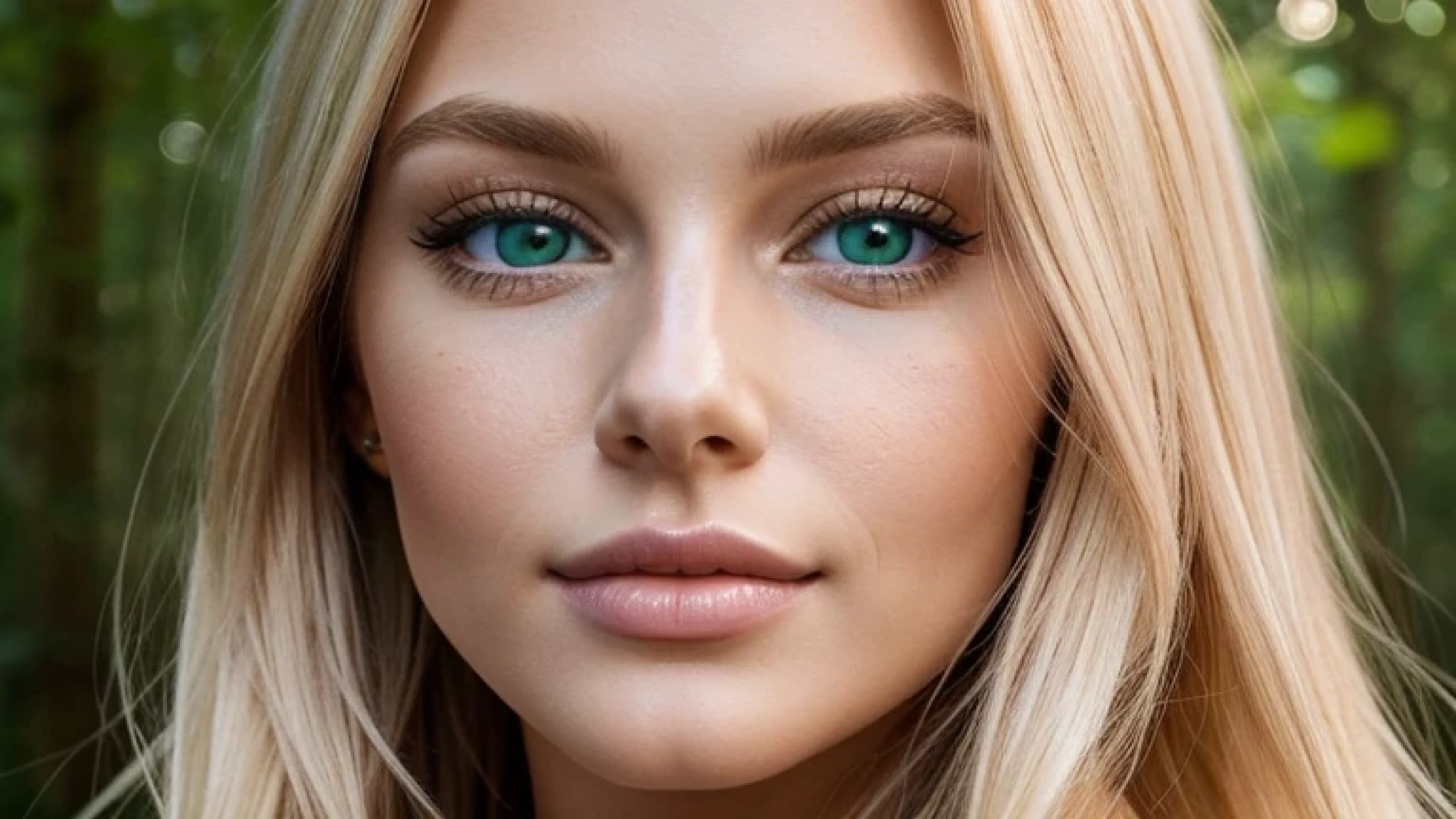 (((hd close up))) photo, one standing Charly Lowies beautiful blonde girl, with captivating green eyes, full lips in glossy rose tone, long straight blonde hair, high cheek bones, small nose, friendly face features, looking at camera, 25 years old, in forest