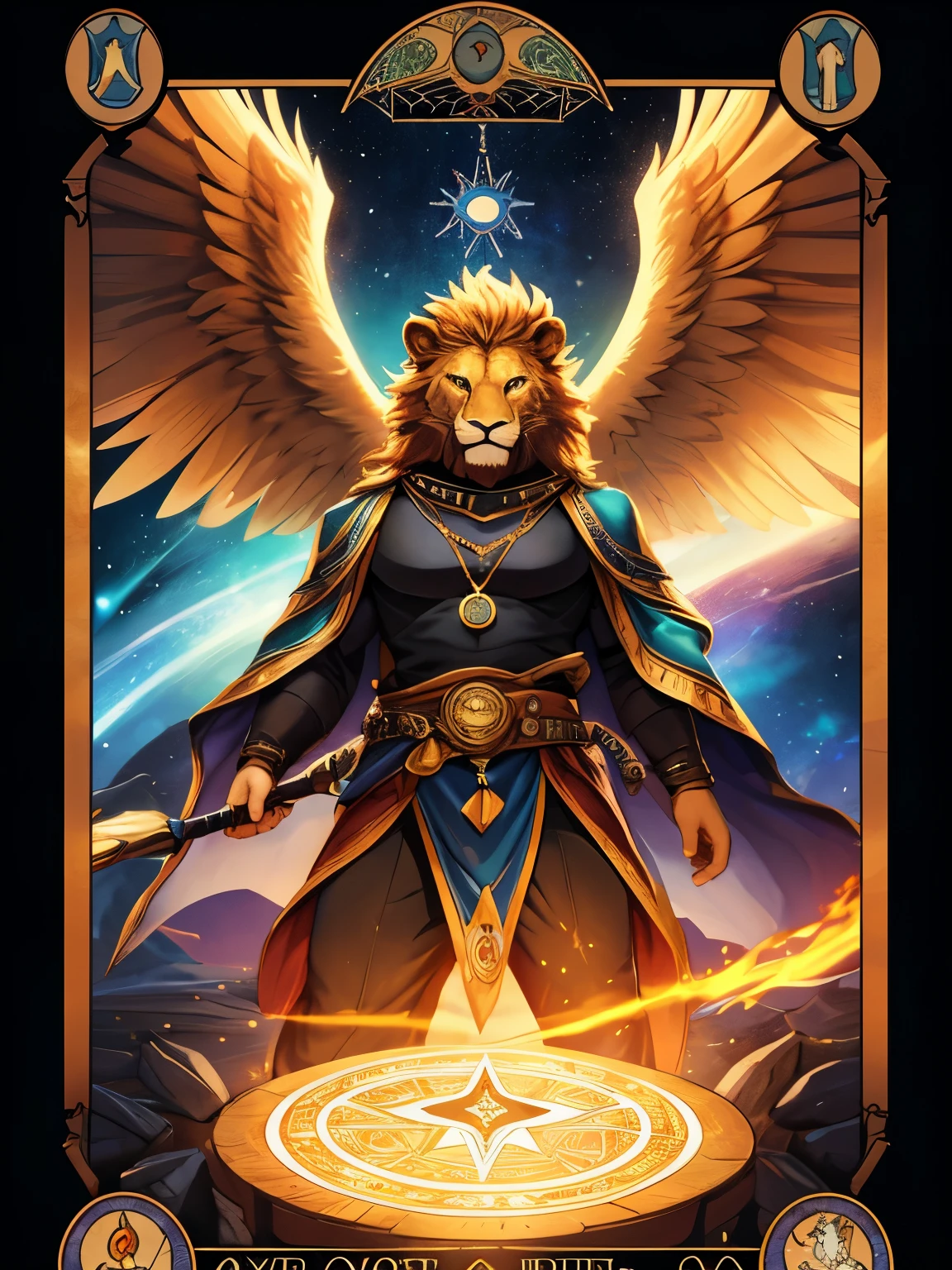 (Tarot Card:1.4)(best quality,8k,highres, masterpiece:1.2), ultra-detailed, HDR, UHD, studio lighting, ultra-fine painting, sharp focus, physically-based rendering, extreme detail description, professional, vivid colors, bokeh, portraits, concept artists, warm color palette, dramatic lighting,Universe, a magic circle floating in the sky, (a shining 7 color magic circle), an angel in the upper left, a great eagle with outstretched wings in the upper right, a lion in the lower right, a bull in the lower left,anime style,