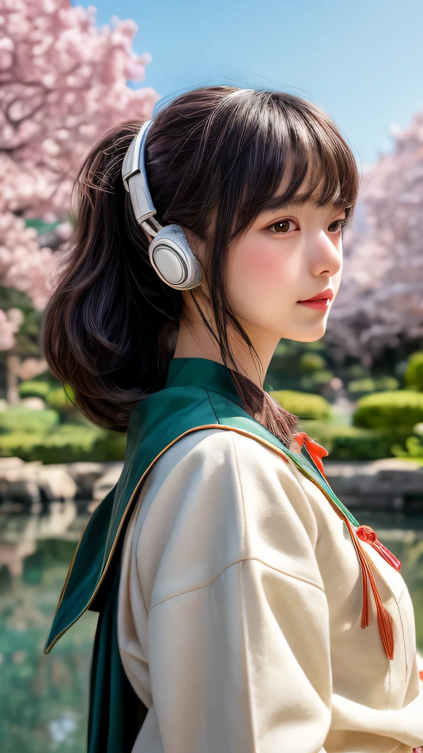 Dragon Ball bloomers, futuristic scene, Mechanically enhanced Japanese high school girl、Elegant in an elaborate garden. She has beautifully detailed eyes and lips that complement her face. high school girl。.uniform。.。.。.。.。.。14 year old girl.. Around her are bright cherry blossoms and a quiet carp pond. The scenes are drawn using a combination of illustration and photorealism, cherry blossoms blizzard,Highly detailed brush strokes and sharpness, bright colors. Lighting that highlights the elegance of the uniform, gives softness to the skin, porcelain shine。. Artwork is of the highest quality, Exquisite costume details on display, cherry blossoms, . The overall color scheme is、、、、、、、、、、、traditional Japanese color combinations, crimson, hang on., bus stop、sit on a swing、Headphones around the neck、Side view、Side view、whole body、high school student、from far away、Open the center