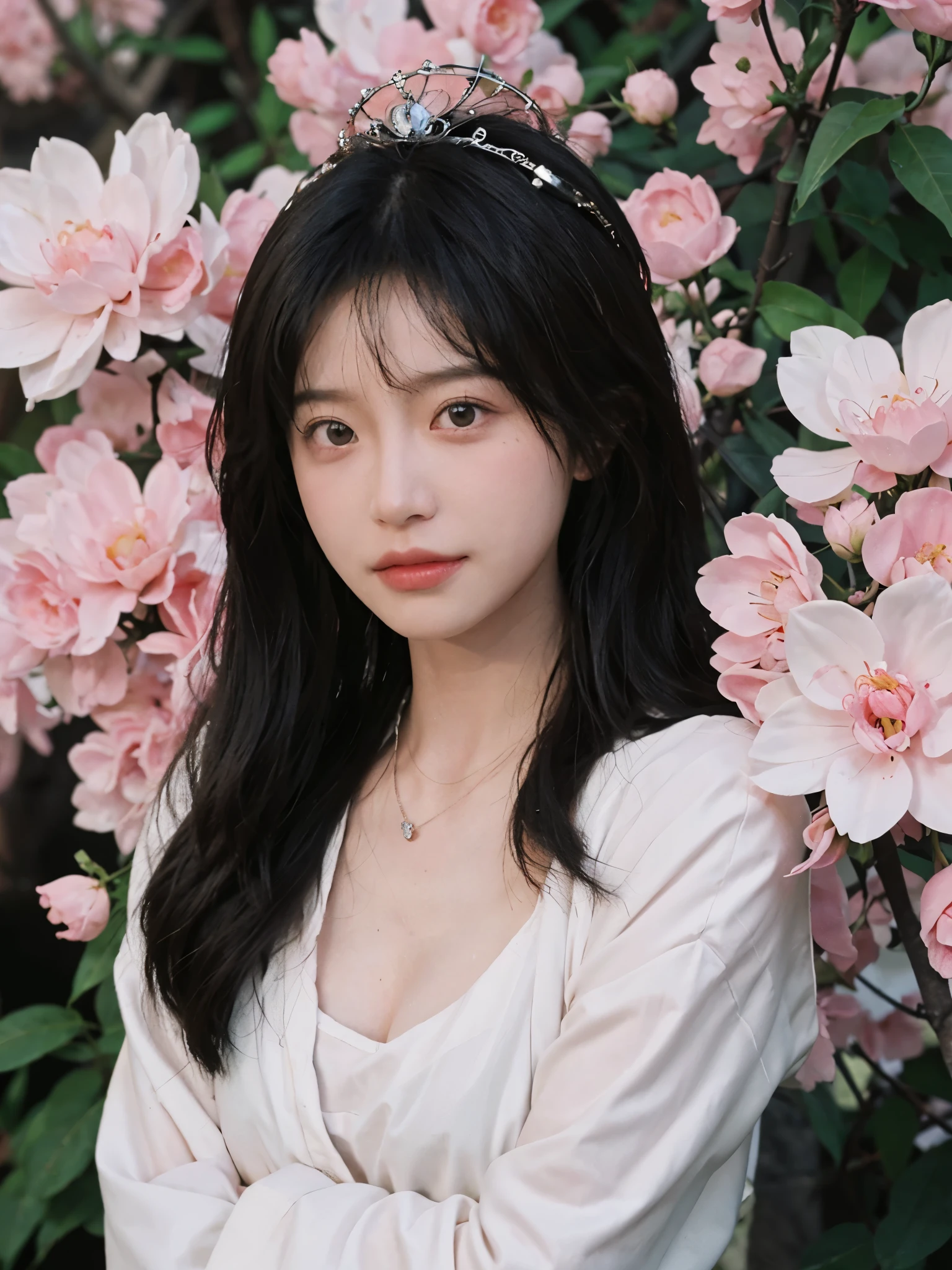 best quality, ultra high resolution, (realistically:1.4), Cute tiara,Baoyu Girl, A pair of clear and charming peach blossom eyes,Royal sister,The sun shines on the face,Long curly hair,(in the cherry blossom tree:1.4),(necklace:1.2),(White skin:1.4),(Full body female love:1.2)a sense of atmosphere,a beautiful girl,Looking directly at the viewer, Close-up cleavage ,(lifelike:1.4),1 girl,Sexy,(Upper body:1.4),(wet),(:1.2)