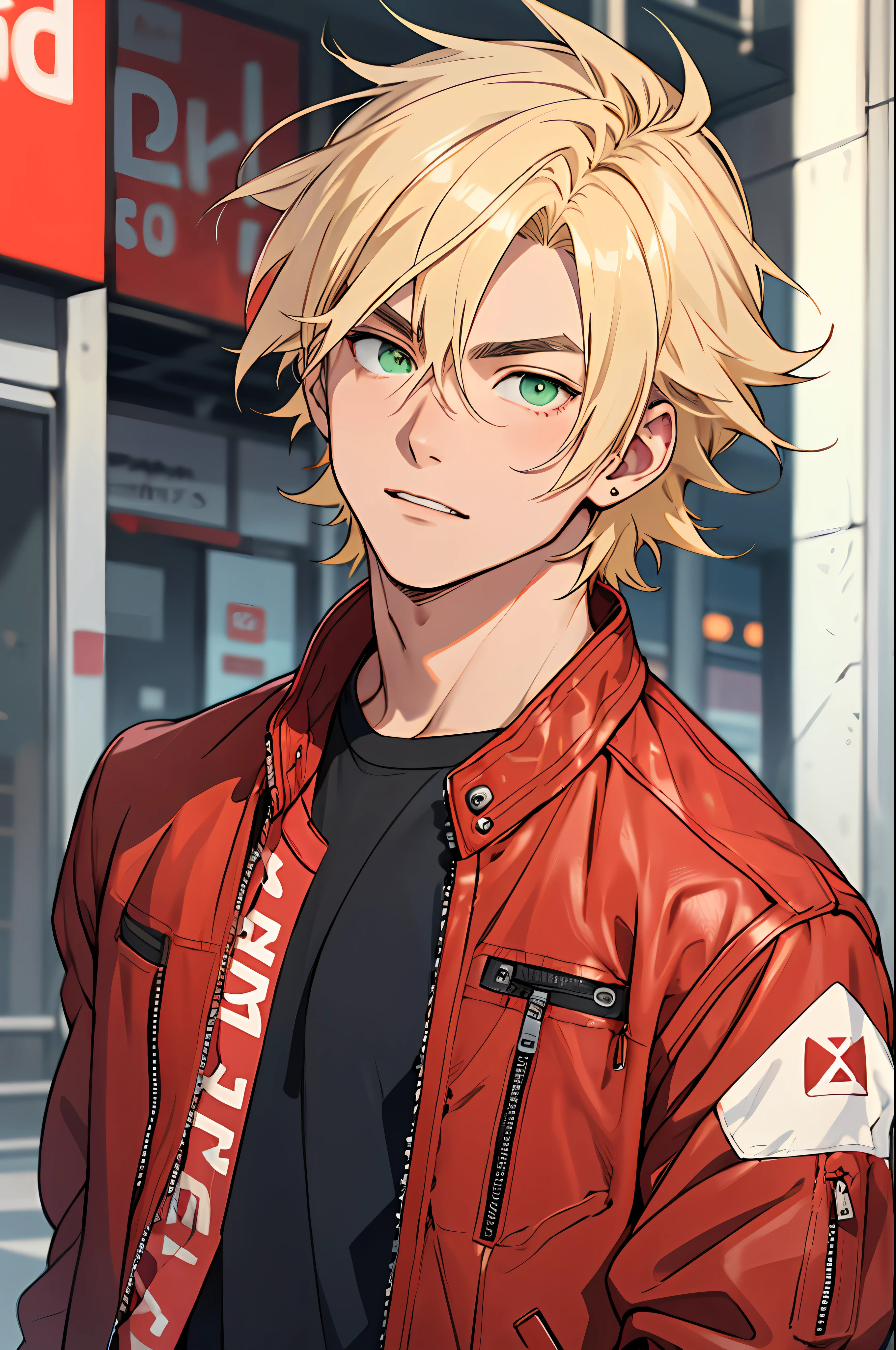 A 20-year-old man, blonde hair, green eyes, wearing a red T-shirt, black leather jacket, anime style