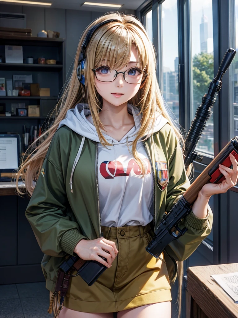 20 year old female、shiny hair quality、beautiful blonde、straight hair、long hair、Shaggy Hair、Glasses、Glasses美人、Woman holding a rifle、Military Women、headset、adult woman、hoodie、skirt、perfect skeleton