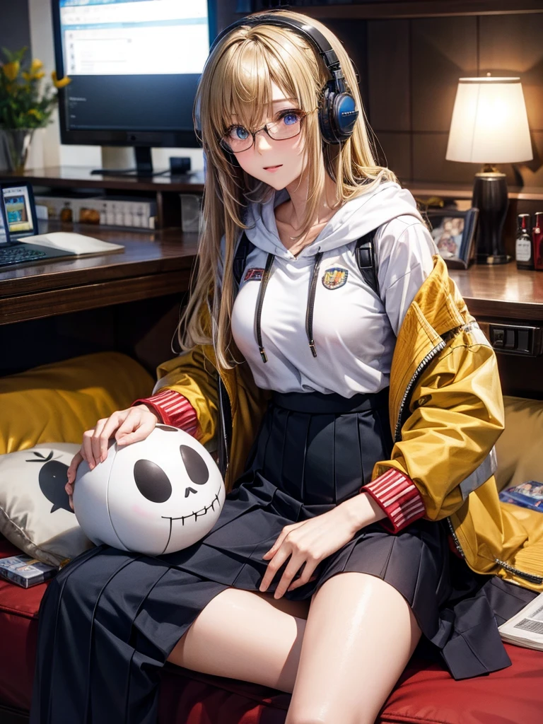 20 year old female、shiny hair quality、beautiful blonde、straight hair、long hair、Shaggy Hair、Glasses、Glasses美人、Woman holding a rifle、Military Women、headset、adult woman、hoodie、skirt、perfect skeleton