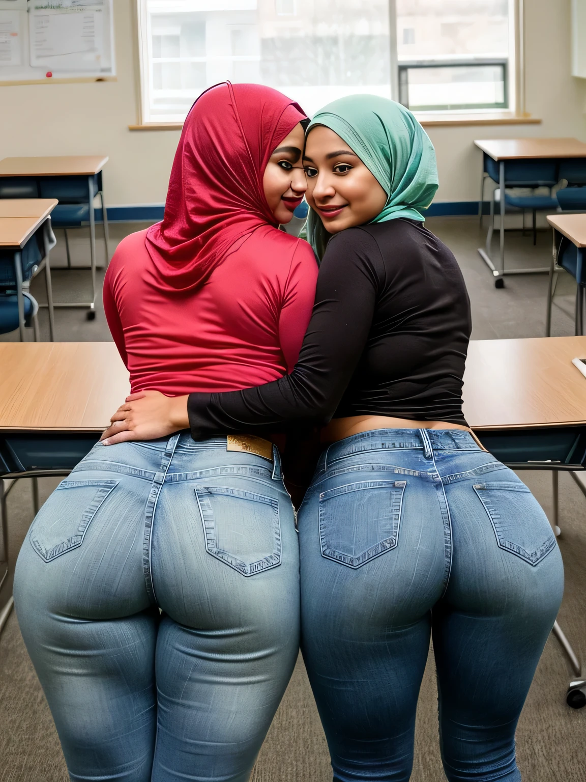 (portrait), (view from behind), ((view from above)), (birds eye perspective), In an empty and hushed classroom, two young (hijabis) huge breasts hourglass figures round ass hijabi muslim students stood side by side hugging presenting their ass to viewer looking at viewer, their youthful energy and camaraderie evident in their stance. Both students were comfortably in (fitted long jeans), and matching (lace hijabs) body figure ready for whatever the day would bring. Their bare ass revealed their toned arms, showcasing their strength and determination. The vibrant colors of their hijabs added a cheerful touch to the otherwise quiet classroom, reflecting their vibrant personalities. The students' long jeans hugged their legs, accentuating their youthful grace and agility. Their matching hijabs, completed their sensual yet put-together look.,gluteal, skin texture, ultra high res, RAW, instagram LUT, masterpiece, best quality, ultra-detailed, ultra high resolution, best shadow, RAW, 4k, red lips, (looking at viewer), ((extremely detailed eyes and face)), ((beautiful detailed nose)), ((beautiful detailed thigh)), ((beautiful detailed eyes)),  perfect body proportion, they are hugging, (both wearing fitted long sleeves), (SFW:1.5))