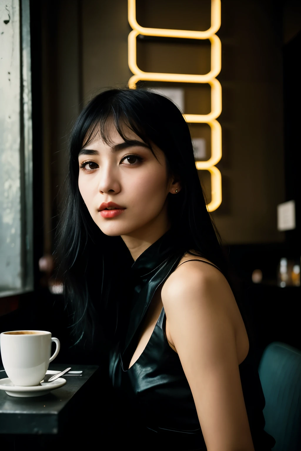 ((Best quality)), ((masterpiece)), (detailed), perfect face, upper body shot, girl, makeup, street clothing, sitting in cafe in front of a clean black table, neon sign in japanese shining above her on the wall, dim lighting, night time, professional photograph, (bella kotak style of photography, paolo roversi style)