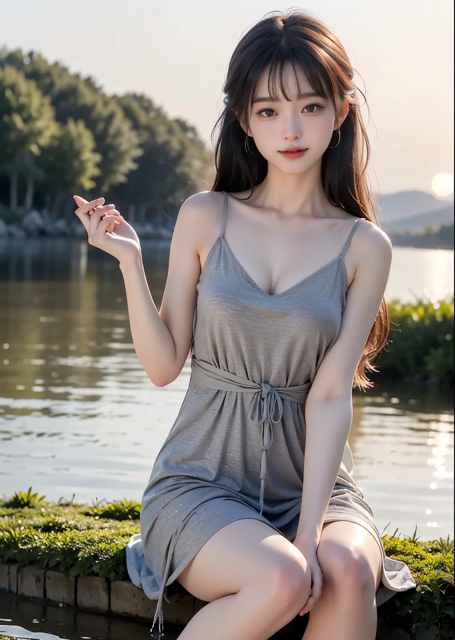 (((round face, drooping eyes, straddling the top of safety fence for masturbate in alley))), braid, (thin cheap casual dress, butt), ((trees, plants)), angle from below, spread legs,