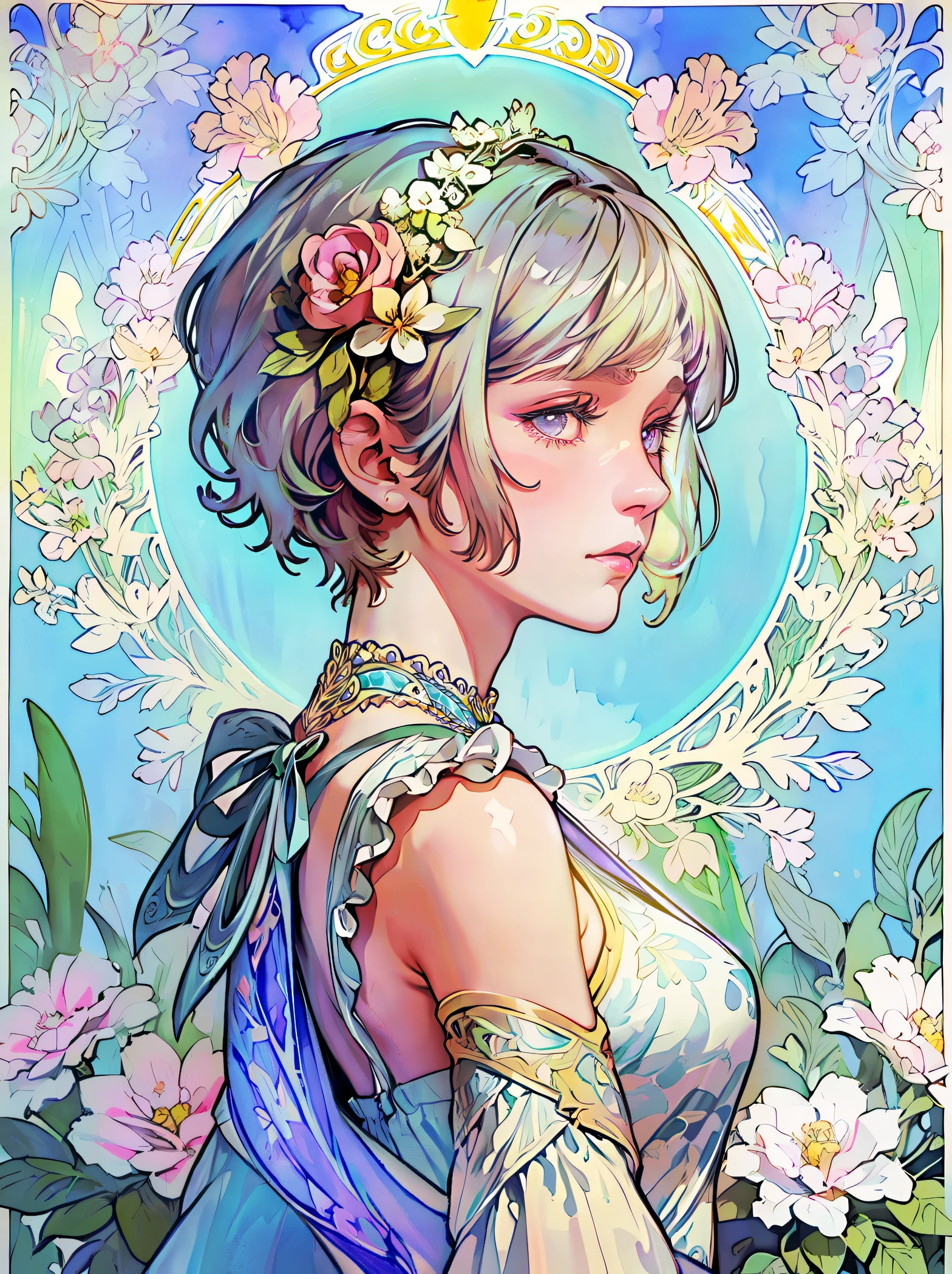A painting of a woman with a flower crown in her hair - SeaArt AI