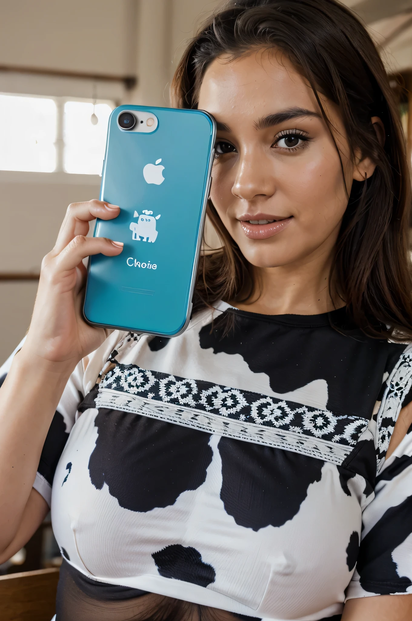 A cow using a phone 