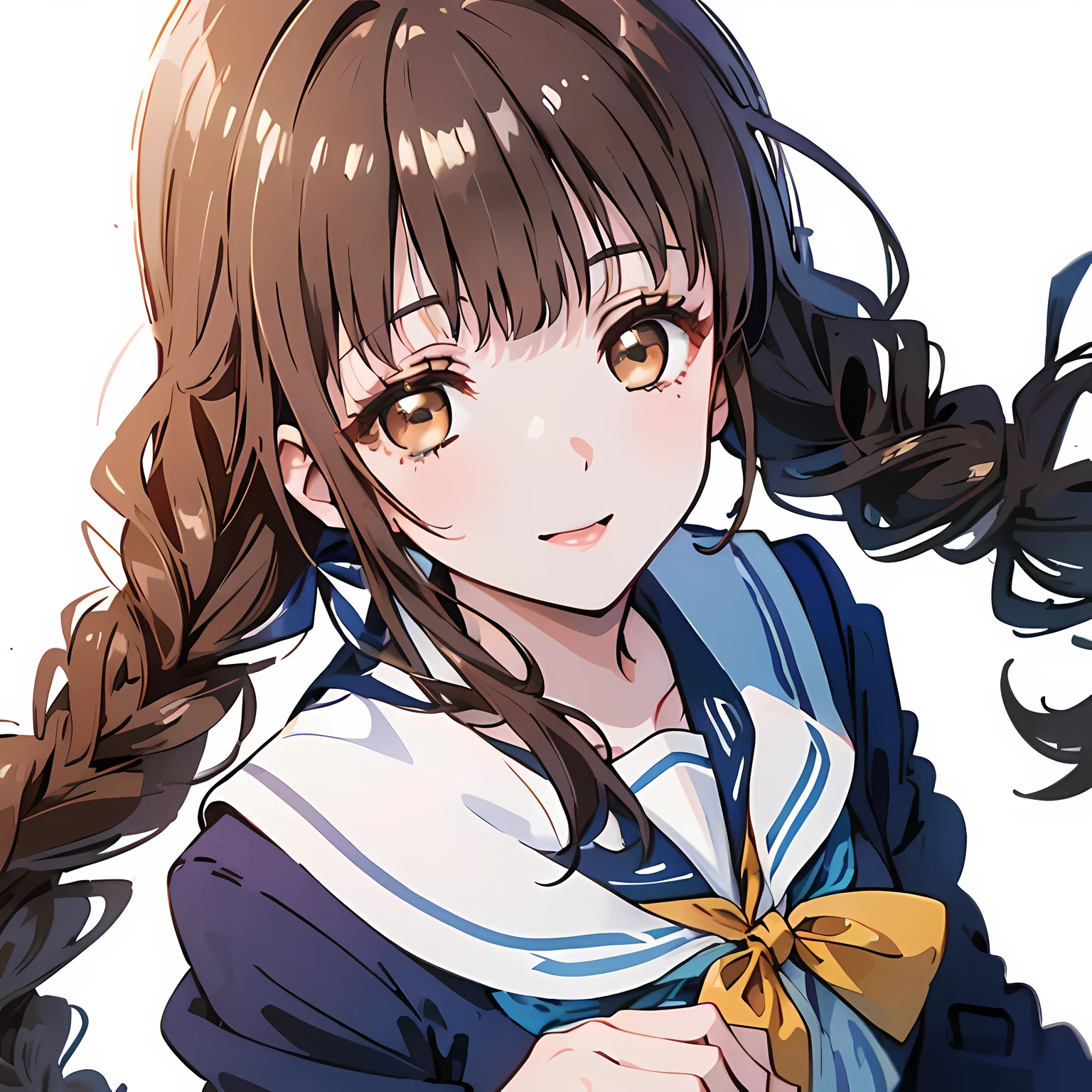 highest quality, (masterpiece:1.2), High resolution, perfect pixel, One long and so beautiful straight haired , 16 years old, (((big very detailed beautiful dark brown eyes))), ((navy blue sailor suit)), ((Sailor suit with navy blue top and bottom)), ((very lovely & large & wide ribbon barrette)), ((((very beautiful long straight straight hair)))), ((Blue ribbon on the chest)), (((face up))), ((He is seen singing the song a cappella while laughing at the audience.)), Very fun, Very happy, mouth is open, the long skirt is so cute, detailed fingers, modest chest, ((curled bangs)), ((Lip balm)), so beautiful, long eyelashes, ((セーラー服 is photo realistic)), (((Touching your hair with your hands))), ((Showing viewers the beauty of straight hair)), ((very big girly hair ribbons)), ((Impressive and very beautiful eyes)), (((shot from above))), double eyelids, puffed sleeves