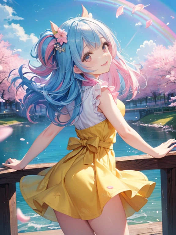 (masterpiece:1.4), (highest quality:1.4),Big buttocks and breasts、
super detailed illustrations, disorganized, super detailed, an extremely cute and beautiful girl,Highly detailed beautiful face and eyes,shiny hair, (((rainbow colored hair, colorful hair, Half blue、half pink hair: 1.2))）
1 girl, alone, cute , a bit,(child),smile,cowboy shot,(full_body),
break a perfect hand, hide your hands,turn your arms behind your back,
BREAKおCherry blossom viewing,Cherry blossom viewing,
(yellow floating dress),Fluttery floral skirt,(just_foot),mini skirt,dynamic pose,white clothes,soar,petal toss,Blue sky,Wind,motion blur,
screen printing, bold graphics, flat color, Layered Design, handmade texture, unique visuals, Various techniques,