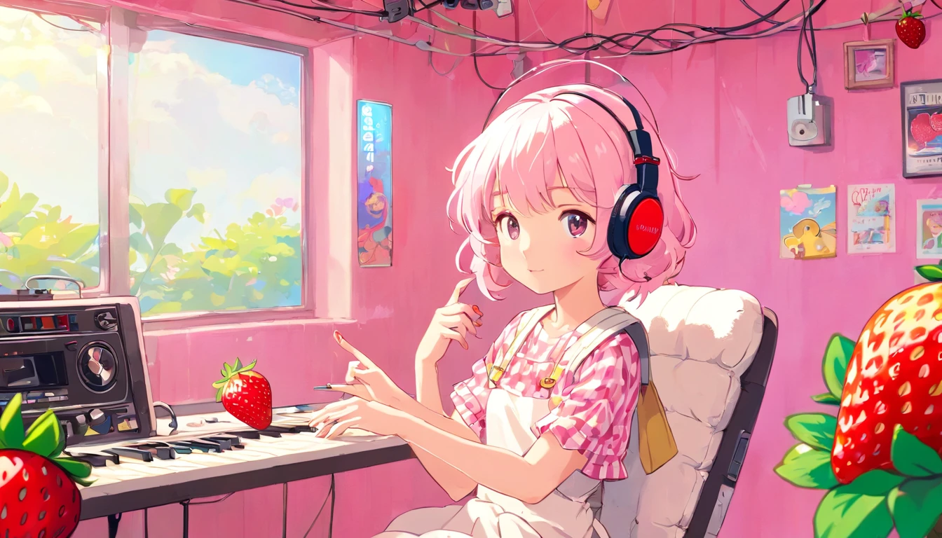 strawberryミルク、((strawberryとミルク))、perfect body、knee-length skirt、girl wearing headphones、(((Girl's UP)))、(((The girl's face is well visible)))、make many round chicks、(())、(((cassette tape、radio cassette player、record)))、cute beautiful girl、((Listening to music with headphones on))、machine、computer、light bulb、window、Chair、curtain、retro、(((80s))) Neon color、pastel colour、((Light pink room))、Polka dot pattern、strawberry、80'sパターン、round pattern、square pattern、Cartoon screentones、Dot pattern is applied from above、cooking、chick chick、Cotton candy、candy、(((Get into a rhythm))), (((lofi-art))), Cute white fur ball creature、(((The structure and balance of the face of the human body, objects, and living things are well-balanced without any discomfort.))), (((the fingers of the hand5Book))), (((beautiful and well-shaped body)))、(((Cute and beautiful face)))、(((strawberry、summer、pink and white)))