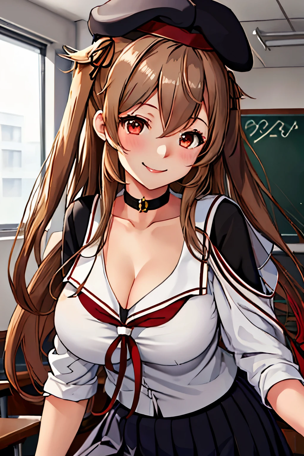 highest quality, masterpiece, High resolution, 1 girl,  (Murasame　Change two　Fleet Collection:1.15), long hair, Light brown hair, brown eyes, red eyes, ribbon, smile, black sailor uniform, pleated skirt, black beret, classroom background, big breasts, slender body