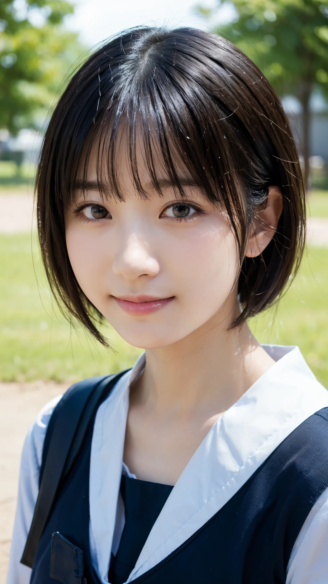 (highest quality,masterpiece:1.3,ultra high resolution),(Super detailed,caustics,8k),(photorealistic:1.4,RAW shooting),1 girl,18-year-old,cute,Japanese,black short bob,(school uniform),(Looking at me with a smile),morning,blue sky,sun,Natural light,school playground,(front shot),face focus,face close up,bust up shot,low position,Low - Angle
