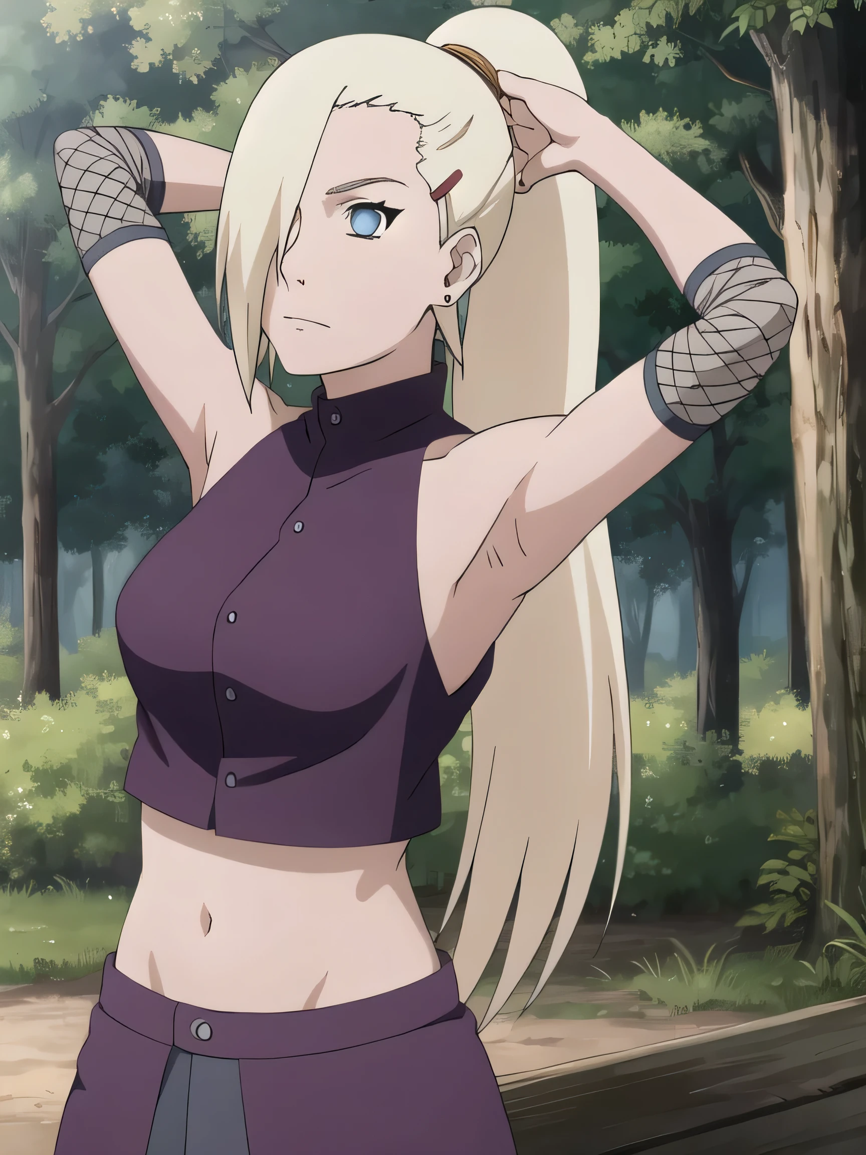 1girl, solo, blue eyes, ponytail, hair over one eye, hairclip, earrings, looking at viewer, long hair, blonde hair, outdoors, forest, closed mouth, sleeveless shirt, bare shoulders, ninja, upper body, midriff, navel, fishnets, arms up, armpits, showing armpits, masterpiece, by masashi kishimoto