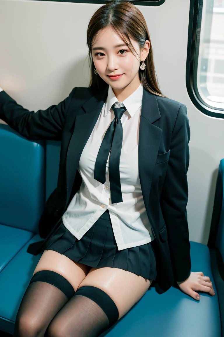 (8K), (highest quality: 1.2), (realistic), (realistic: 1.37), ultra high resolution, 1 girl, cute, smile, closed mouth, beautiful details, beautiful nose, wet hair, giant dulcefo, pork, thighs,Self snap,University Student Uniform,simple blazer,pleated skirt,opaque knee high tights,Sitting on a Tokyo train,cross your legs, From above,thighs,(look away),earrings