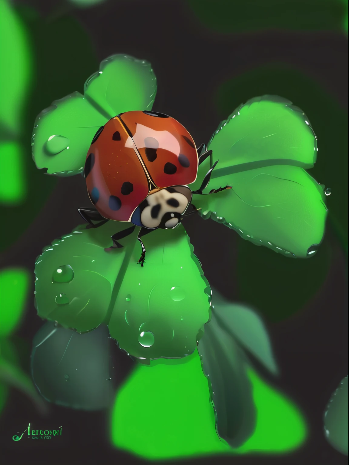 Cute little ladybug in leaves, bugs are smooth, Leaves with many water drops on them, Photorealistic, 4K, Very detailed, Light background, cool color, macro photography, close up, Super detailed, Popular topics on ArtStation, sharp focus, Studio photos, intricate details, Very detailed((masterpiece, best quality, Highest image quality, High resolution, lifelike, original photo, 8K)), 