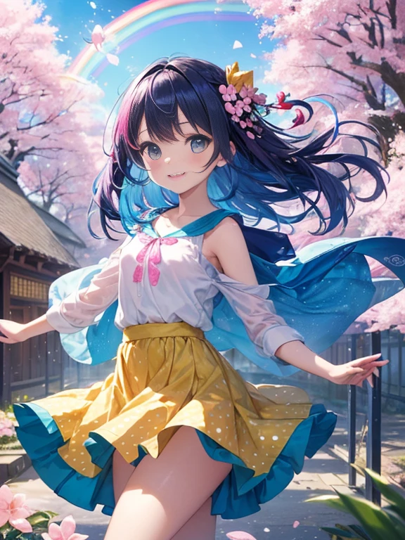 (masterpiece:1.4), (highest quality:1.4),Big buttocks and breasts、
super detailed illustrations, disorganized, super detailed, an extremely cute and beautiful girl,Highly detailed beautiful face and eyes,shiny hair, (((rainbow colored hair, colorful hair, Half blue、half pink hair: 1.2)))
1 girl, alone, cute , a bit,(child),smile,cowboy shot,(full_body),
break a perfect hand, hide your hands,turn your arms behind your back,
BREAKおCherry blossom viewing,Cherry blossom viewing,
(yellow floating dress),Fluttery floral skirt,(just_foot),Polka-dot mini-skirt,dynamic pose,white clothes,soar,petal toss,Blue sky,Wind,motion blur,
screen printing, bold graphics, flat color, Layered Design, handmade texture, unique visuals, Various techniques,