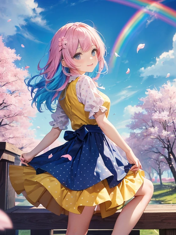 (masterpiece:1.4), (highest quality:1.4),Big buttocks and breasts、
super detailed illustrations, disorganized, super detailed, an extremely cute and beautiful girl,Highly detailed beautiful face and eyes,shiny hair, (((rainbow colored hair, colorful hair, Half blue、half pink hair: 1.2)))
1 girl, alone, cute , a bit,(child),smile,cowboy shot,(full_body),
break a perfect hand, hide your hands,turn your arms behind your back,
BREAKおCherry blossom viewing,Cherry blossom viewing,
(yellow floating dress),Fluttery floral skirt,(just_foot),Polka-dot mini-skirt,dynamic pose,white clothes,soar,petal toss,Blue sky,Wind,motion blur,
screen printing, bold graphics, flat color, Layered Design, handmade texture, unique visuals, Various techniques,